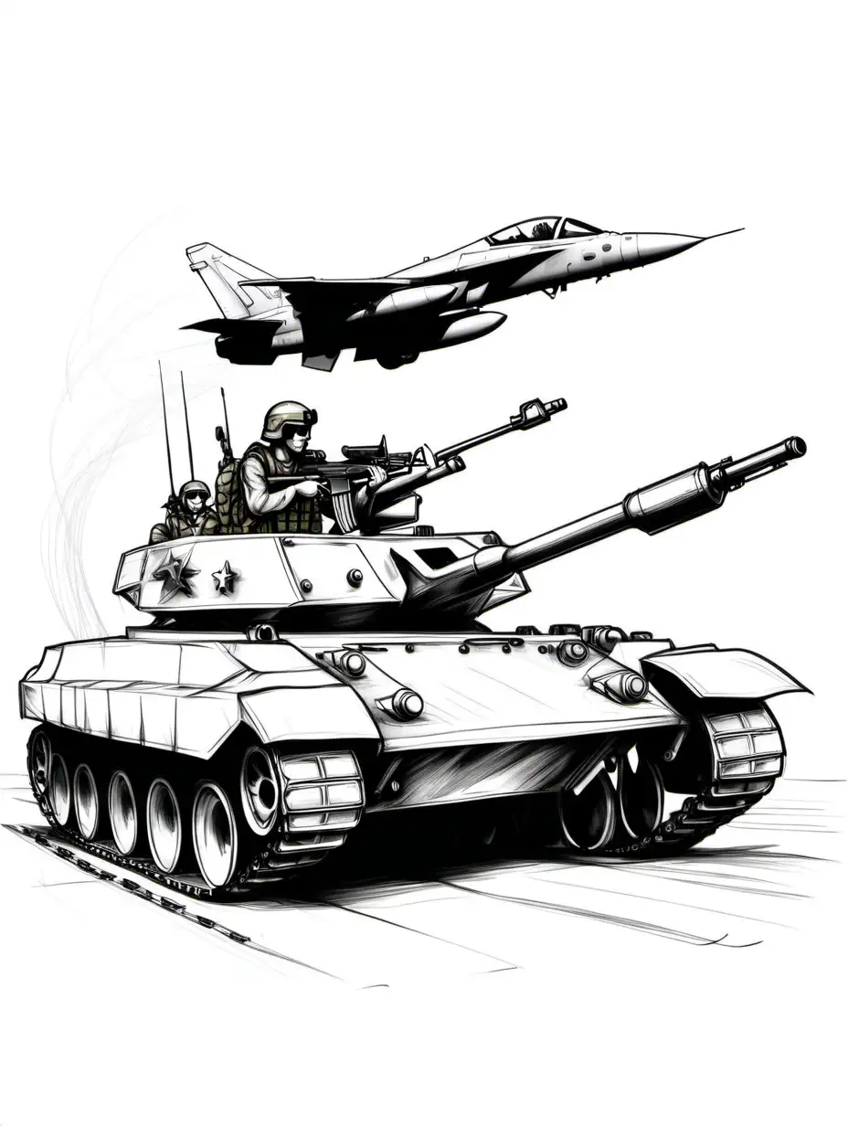 Military Scene with Fighter Jets Soldier and Tank Sketch