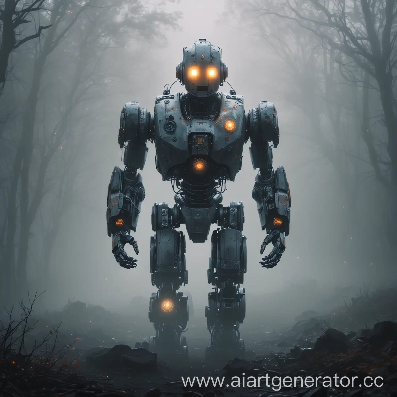 робот в тумане светящими глазами