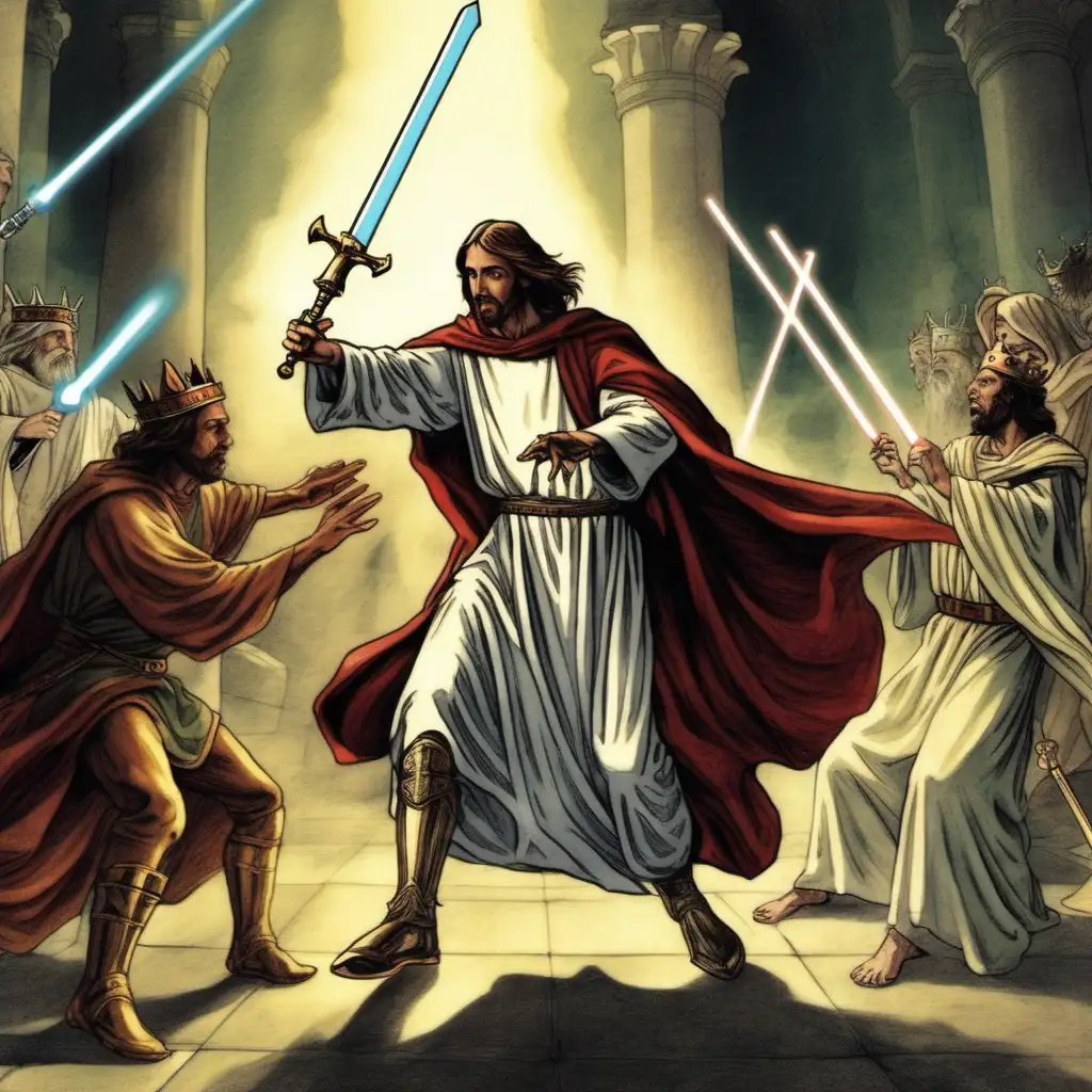 Jésus est déguisé en roi Arthur, il chasse le démon avec son épée laser de Jedi