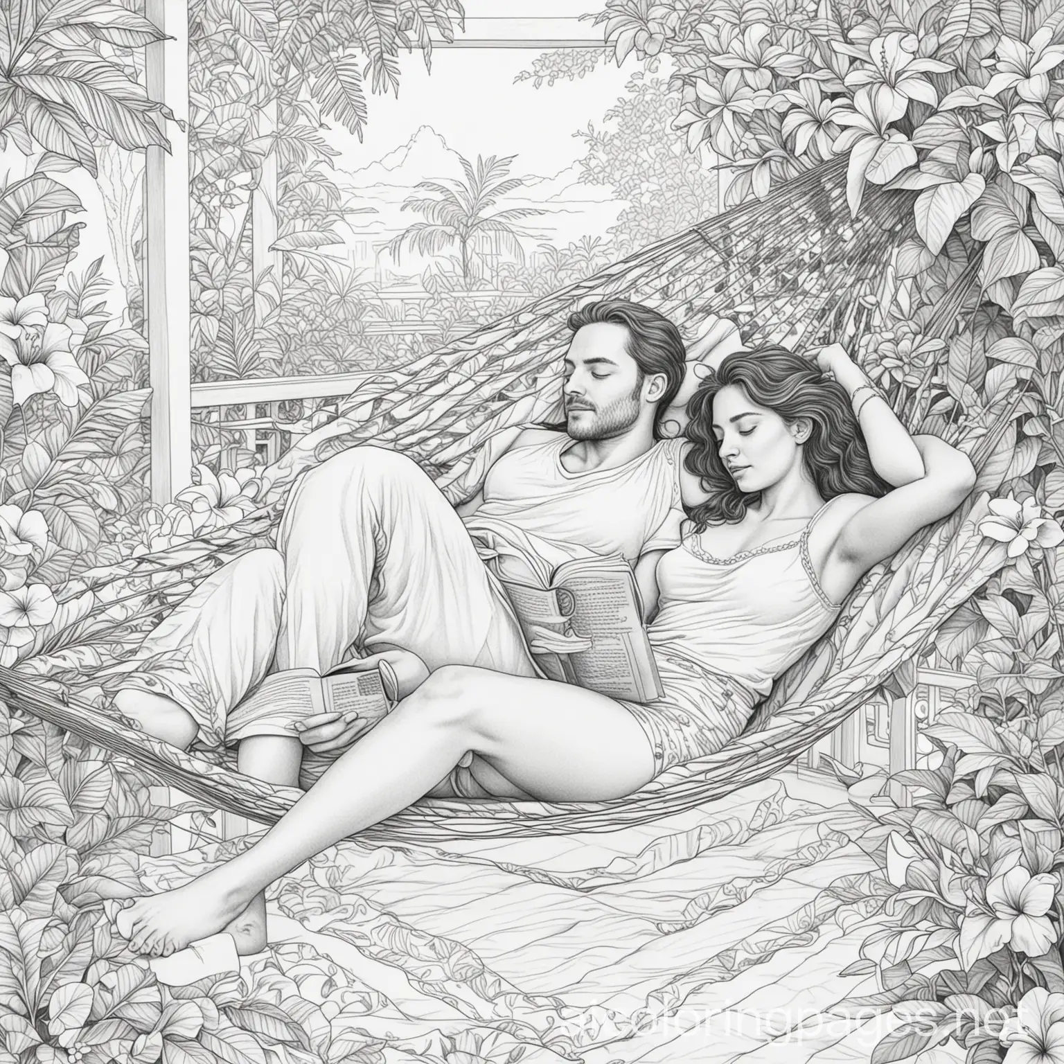 a coloring page of a woman relaxing and reading a book while laying down in a hammock with her handsome husband in their balcony full of plants and plumeria and hibiscus flowers, Coloring Page, black and white, line art, white background, Simplicity, Ample White Space. The background of the coloring page is plain white to make it easy for young children to color within the lines. The outlines of all the subjects are easy to distinguish, making it simple for kids to color without too much difficulty