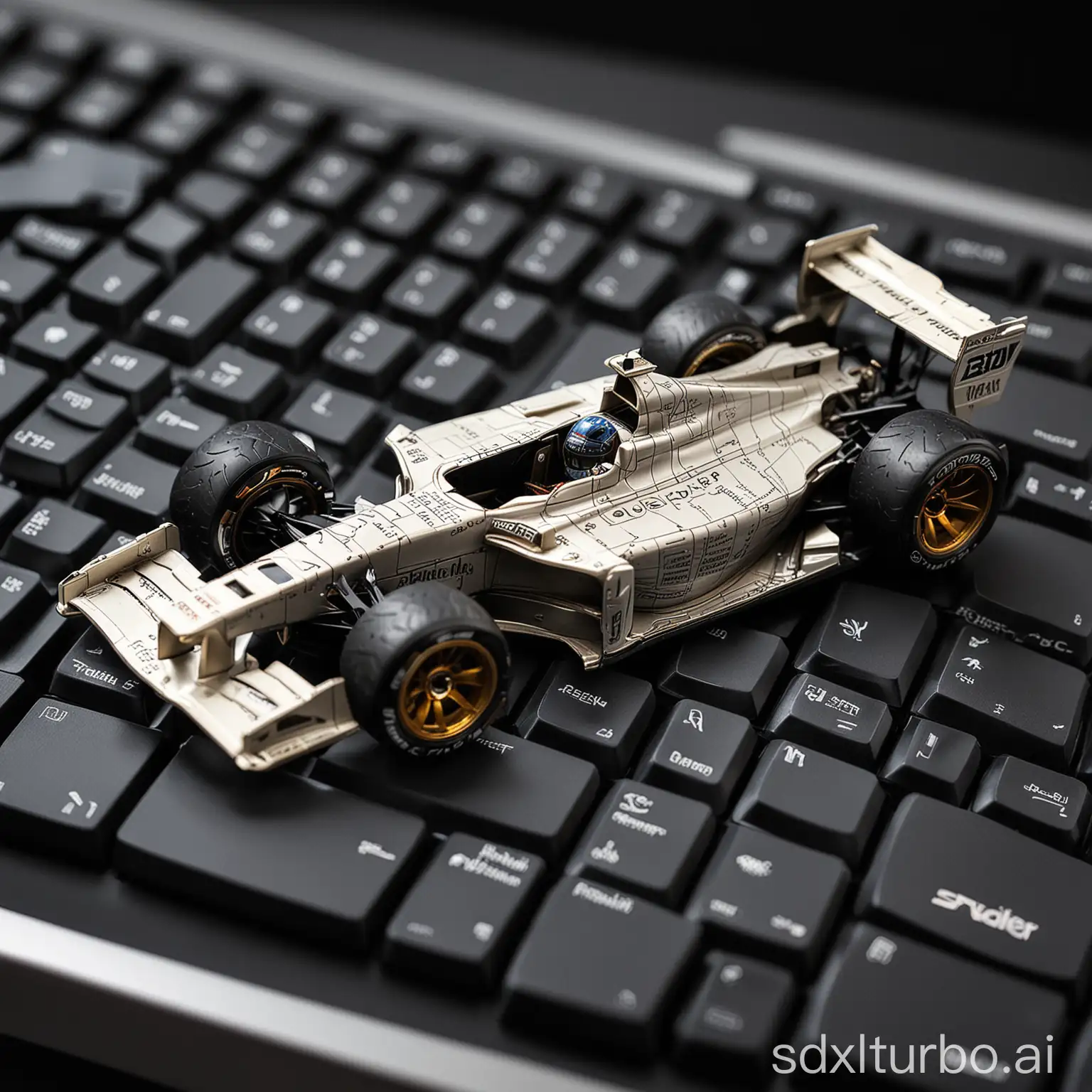 A COMPUTER SHAPED LIKE A FORMULA 1 CAR, PLACED ON TOP OF A COMPUTER KEYBOARD