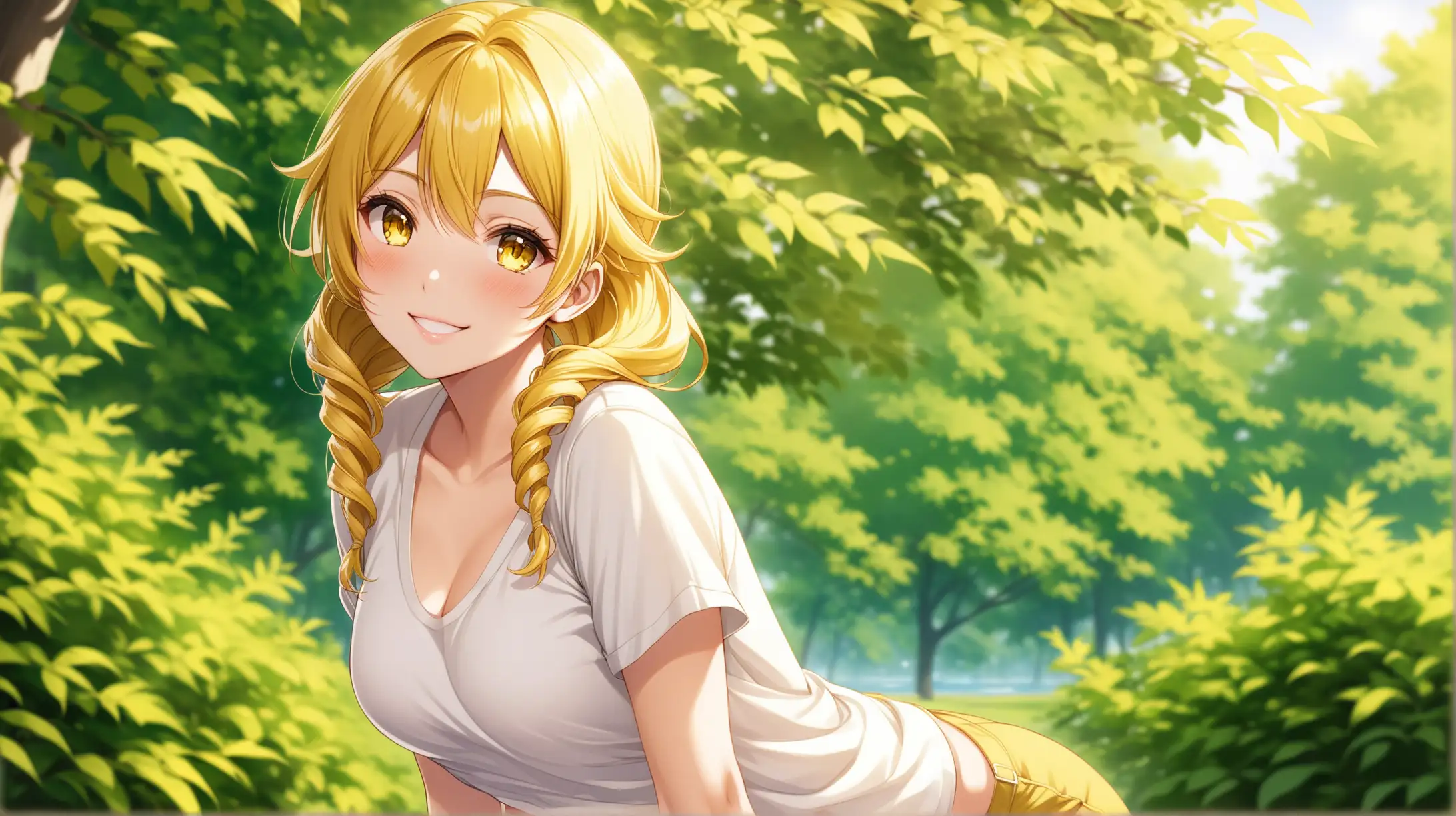 Draw the character Mami Tomoe, blonde, drill hair, yellow eyes, high quality, natural lighting, long shot, outdoors, seductive pose, casual outfit, smiling at the viewer