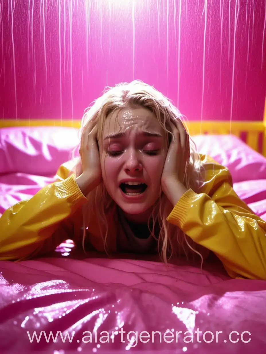 девушка со светлыми волосами лежит на розовой кровати под жёлтым дождём, слушает музыку и плачет
