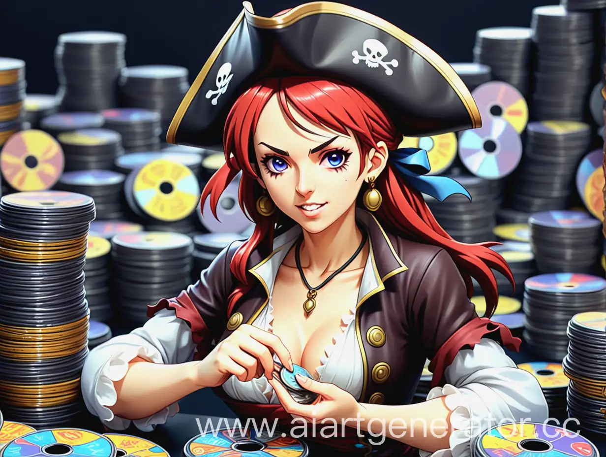 Женьщина Пират торгующий игровыми дисками в аниме стиле