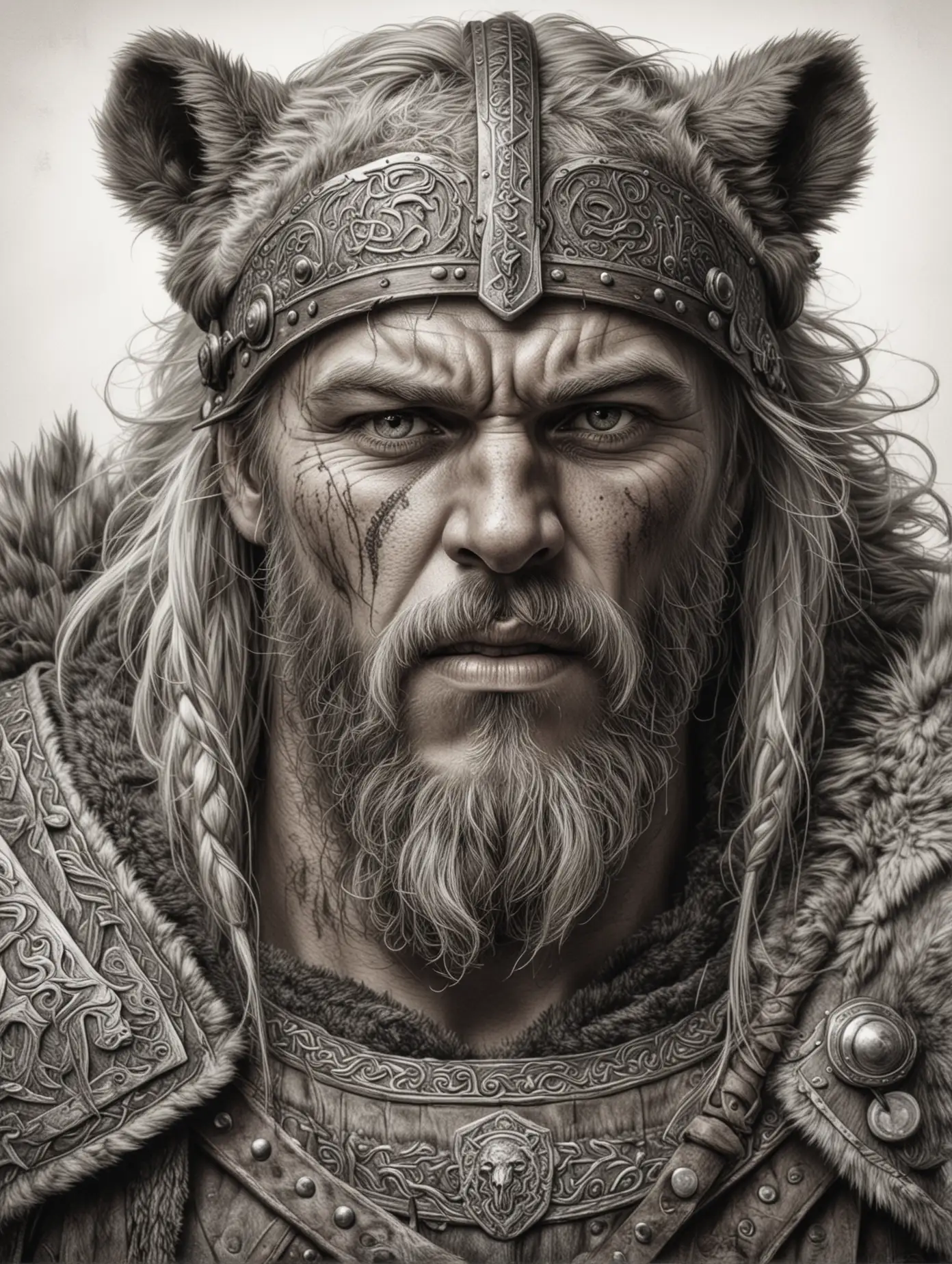Realistic-Viking-Warrior-with-Roaring-Bear-in-Pencil-Drawing