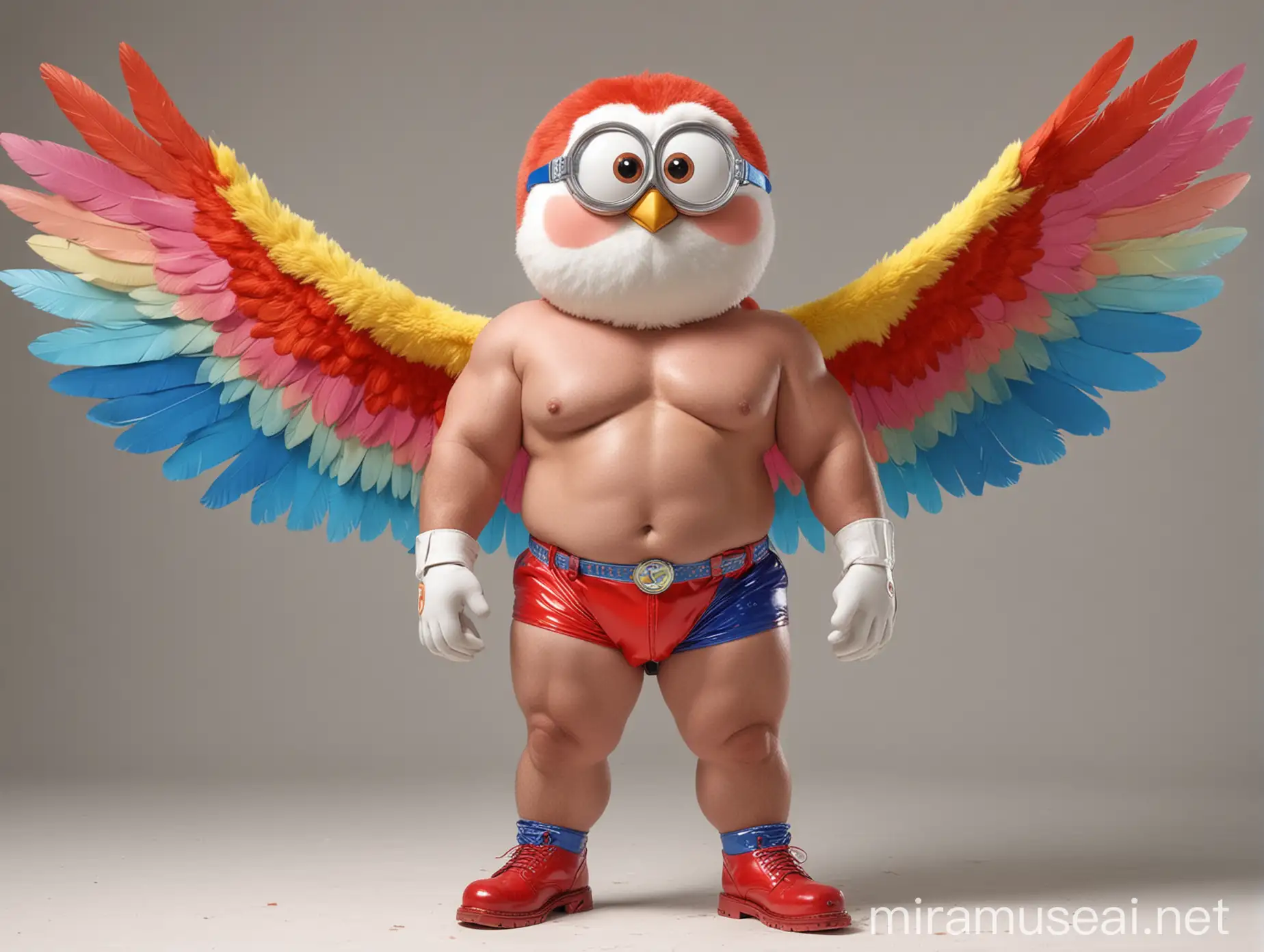 Studio Light Subtle Smile Topless 40s Ultra beefy Red Head Bodybuilder Daddy Big Eyes with Beard Wearing Multi-Highlighter Bright Rainbow Colored See Through huge Eagle Wings Shoulder Jacket short shorts long legs low leather boots and Flexing his Big Strong Arm Up with Doraemon Goggles on forehead