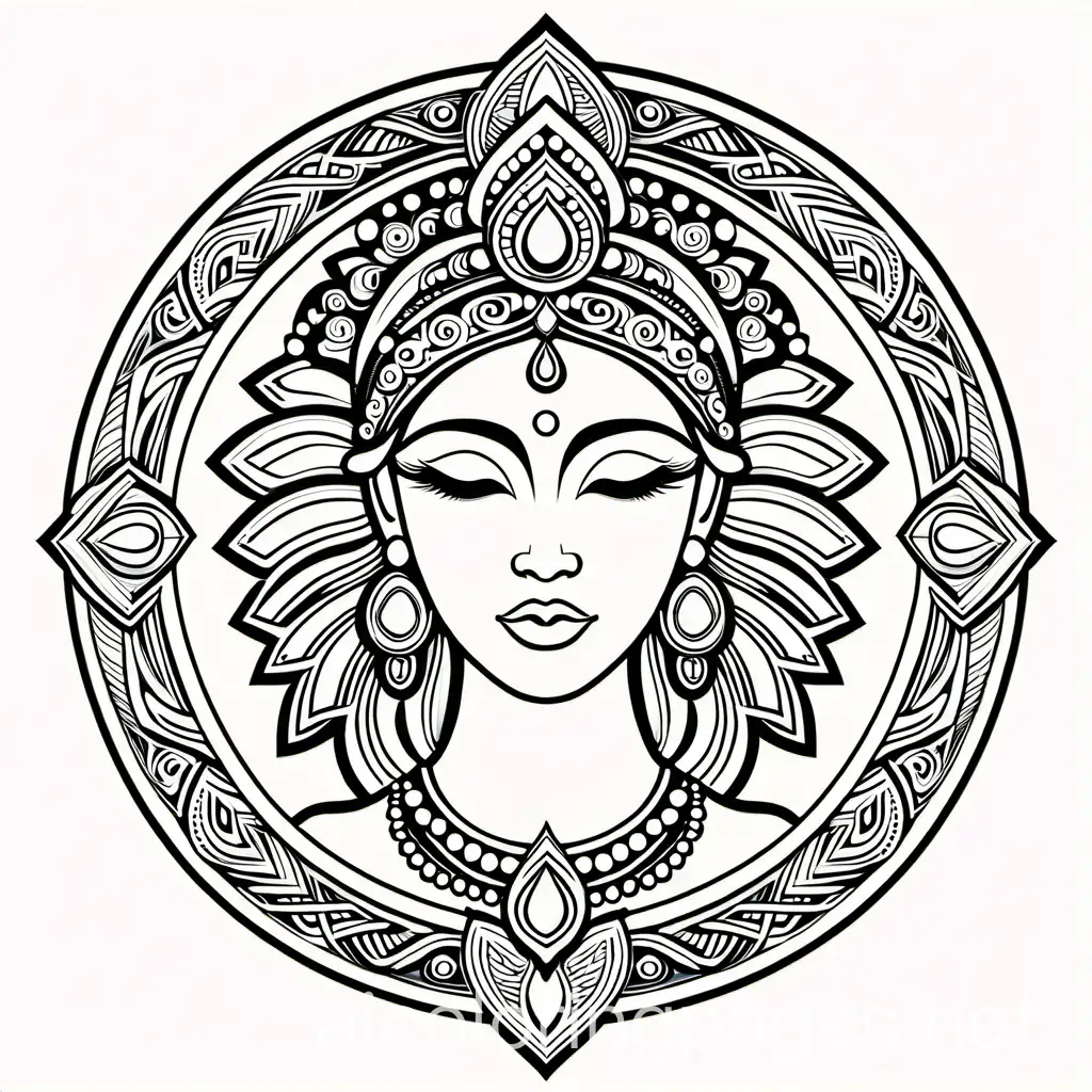 Goddess, Coloring Page, black and white, line art, white background, Simplicity, Ample White Space. The background of the coloring page is plain white to make it easy for young children to color within the lines. The outlines of all the subjects are easy to distinguish, making it simple for kids to color without too much difficulty