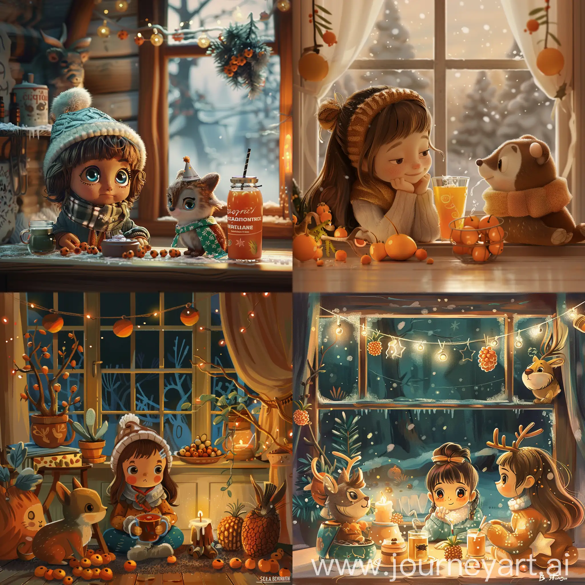 Cozy-Winter-Evening-Girl-and-Animal-Characters-Enjoying-SeaBuckthorn-Juice