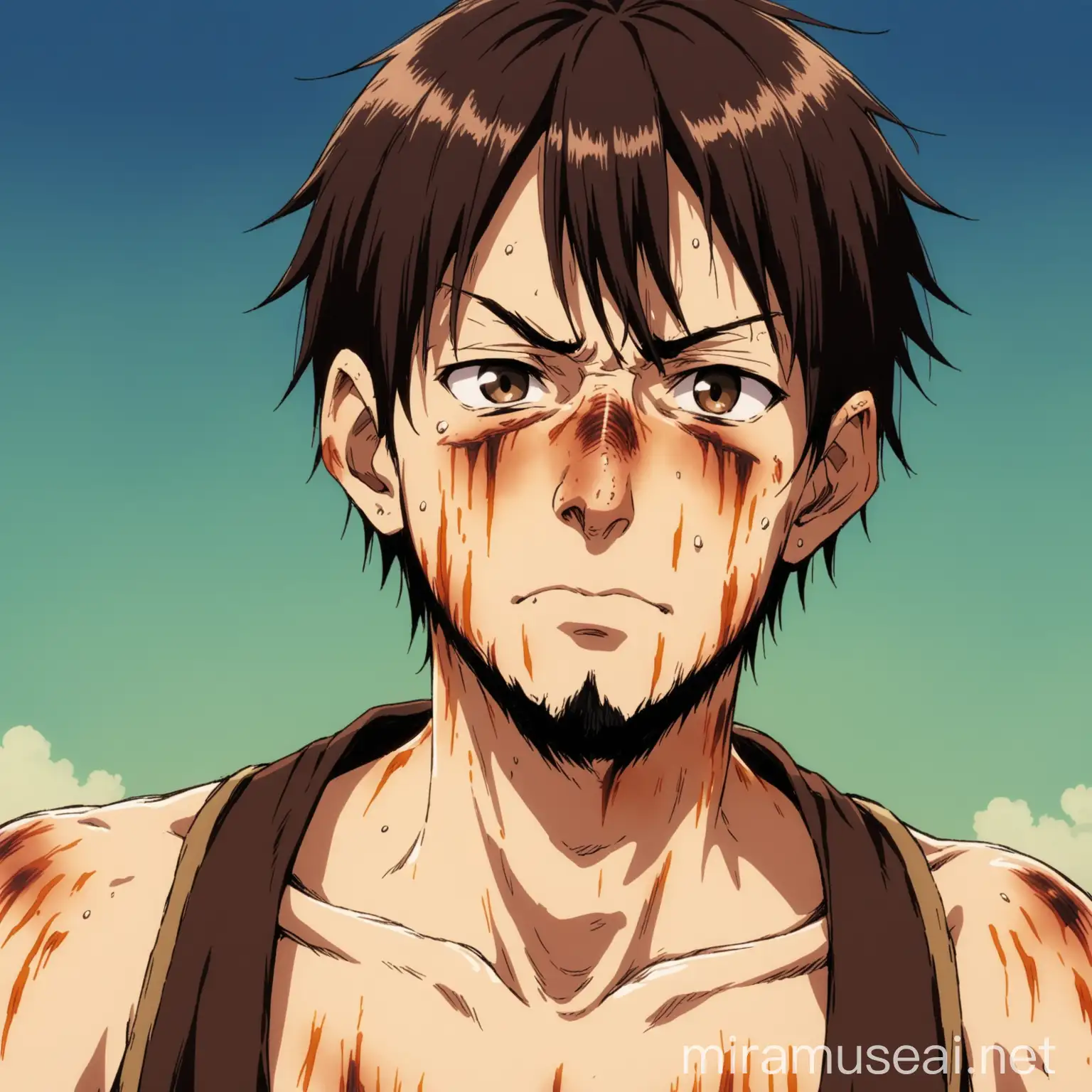 a thin pirate man, ugly and with little hair, dressed in a simple horizontal striped shirt, has several burns on his body, brown eyes, pronounced nose. in anime