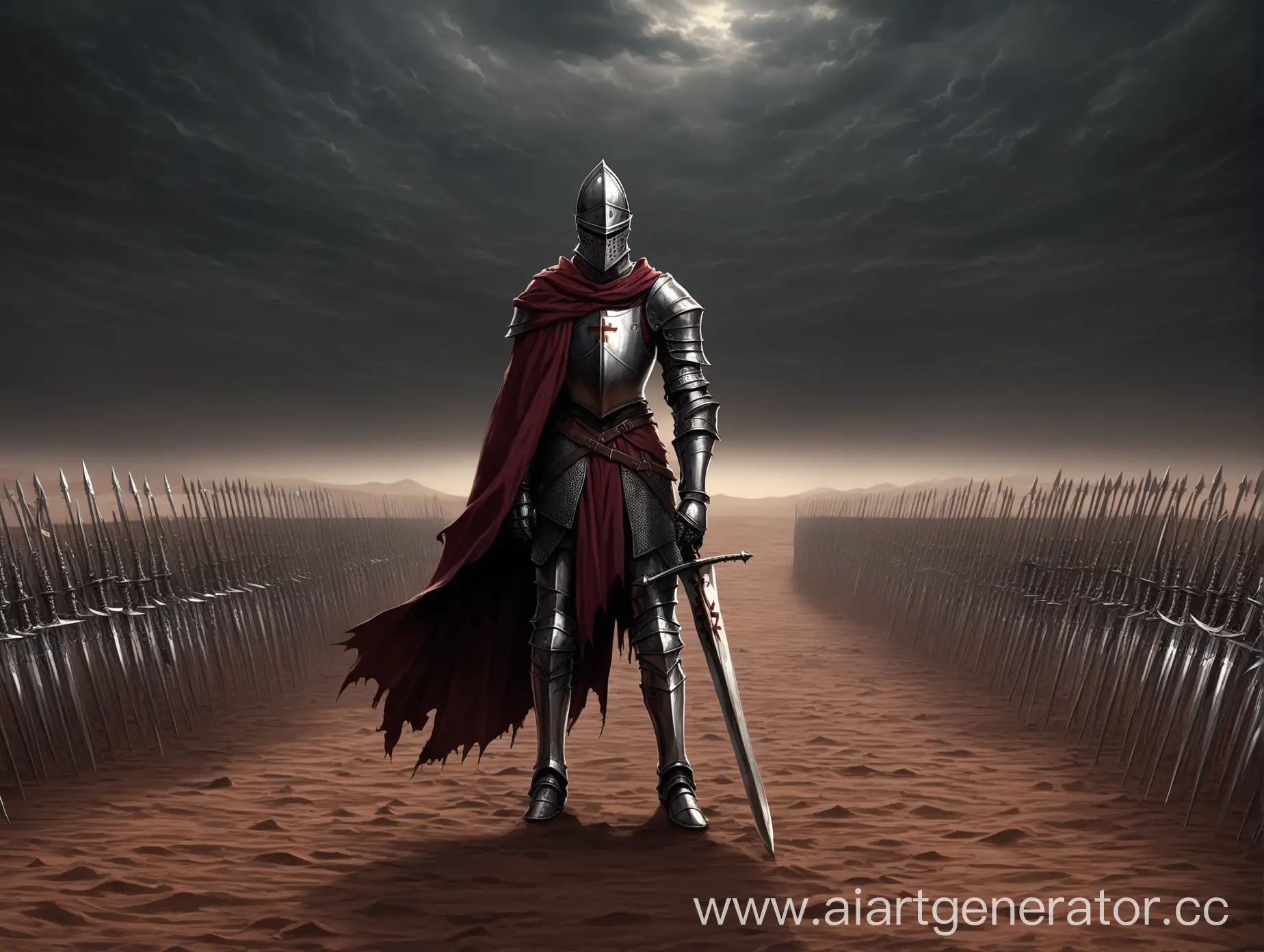 Man, skinny, tired, warrior, knight, spear, full height, grey armour, dark red short torn cloak, dark red surcoat, dark red cloth, black trousers, boots, gauntlets, armet helm, gun on his belt, small cross on the chest, pierced by arrows and blades, standing in a dark brown desert field of swords, swords around, dark brown cloudy sky