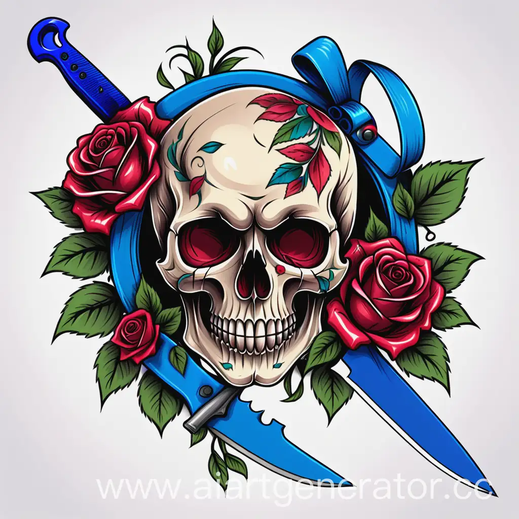 Эскиз цветное тату череп, проткнутый кинжалом с синей ручкой. Красные розы с зелеными лепестками. Вокруг обвивается ленты для надписи