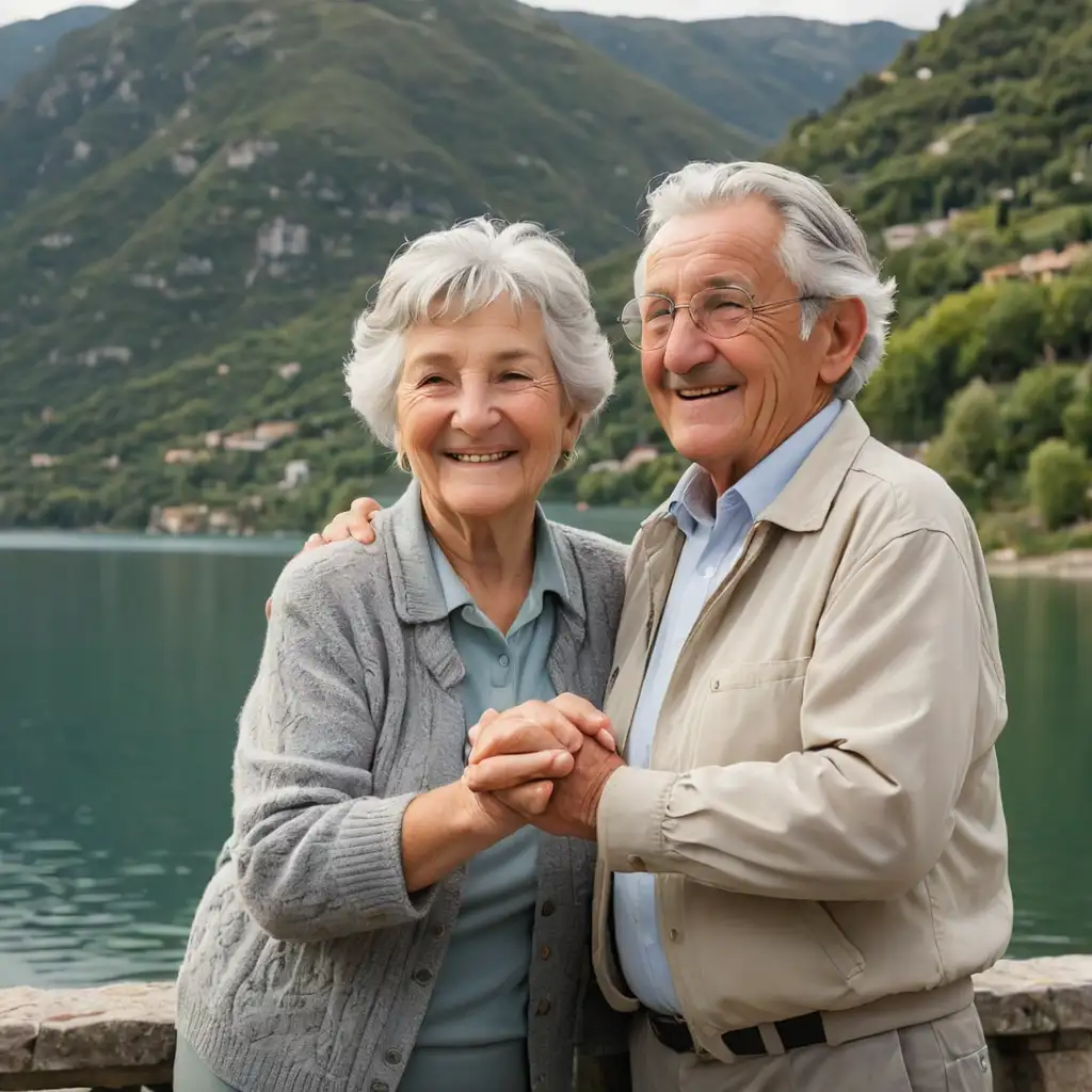 Elderly Couple Admiring Tranquil Italian Lake View