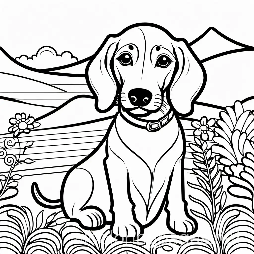Dachshund  Coloring Page, black and white, line art, white background, Simplicity, Ample White Space. The background of the coloring page is plain white to make it easy for young children to color within the lines. The outlines of all the subjects are easy to distinguish, making it simple for kids to color without too much difficulty, Coloring Page, black and white, line art, white background, Simplicity, Ample White Space. The background of the coloring page is plain white to make it easy for young children to color within the lines. The outlines of all the subjects are easy to distinguish, making it simple for kids to color without too much difficulty