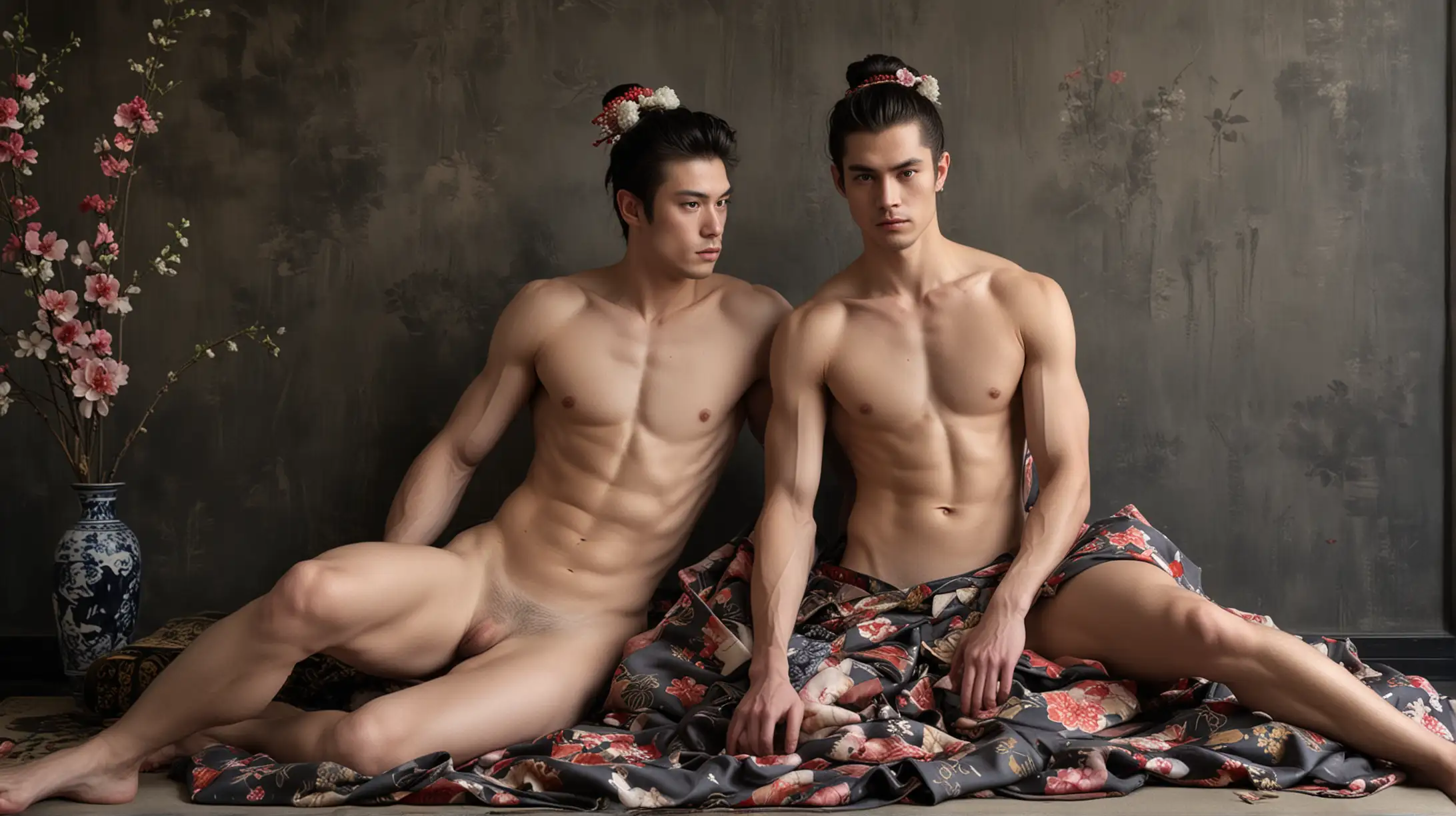 two naked attractive very european physically fit 2 young men sitting on a bed with some flowers, in the style of geisha portraiture, full naked body from slight distance, soft colors with some dark gray, backdrop wall with oriental art, narrative photography, ornate kimono lying on the floor, visible abs and hairy muscled chests of both european handsome models, realist fine details, naked lying over each other