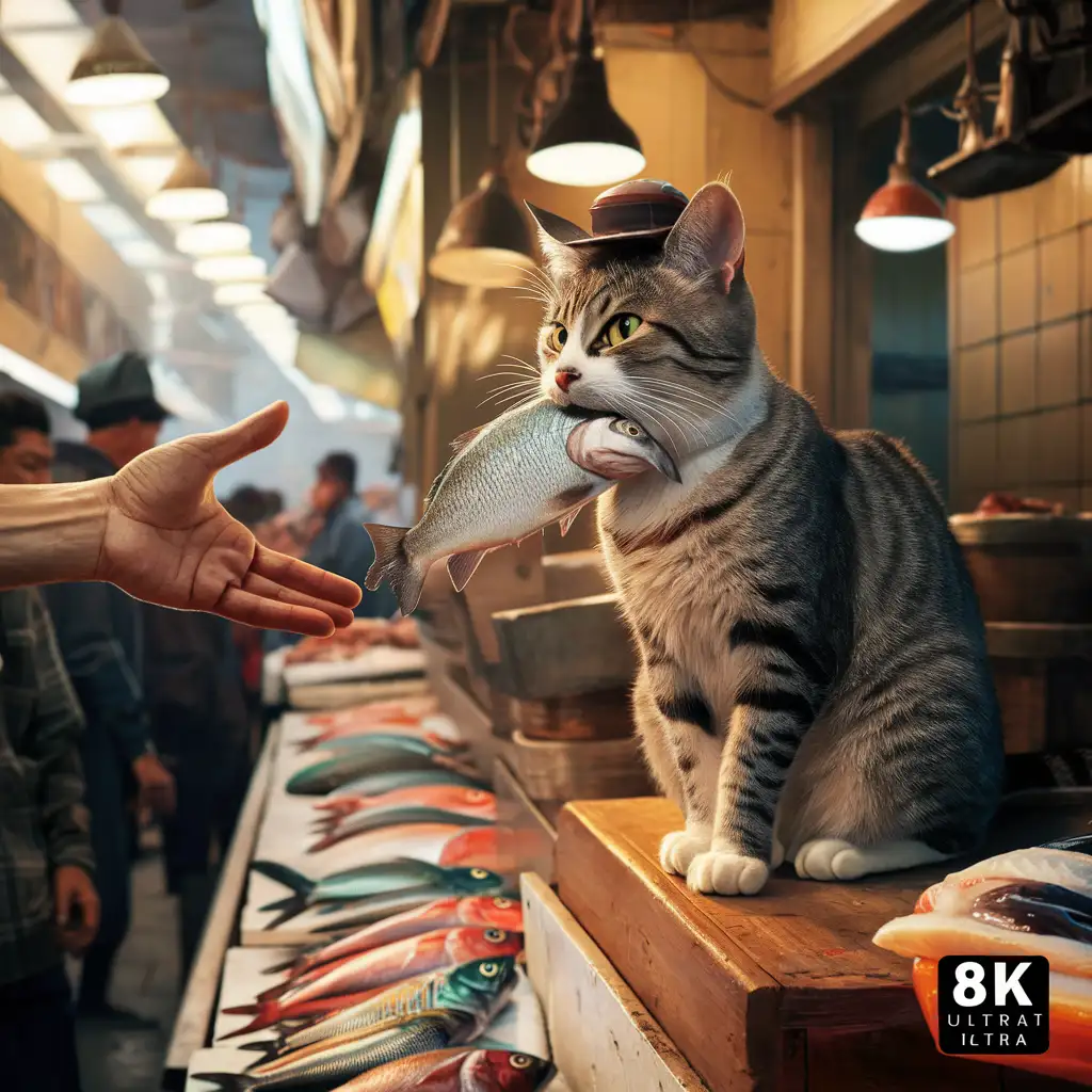 image of a hand offering money to a fishmonger cat, holding fish, 8k, ultra detailed, at the market, -[--no, Web13RAUL10" :1.5] No [ ]