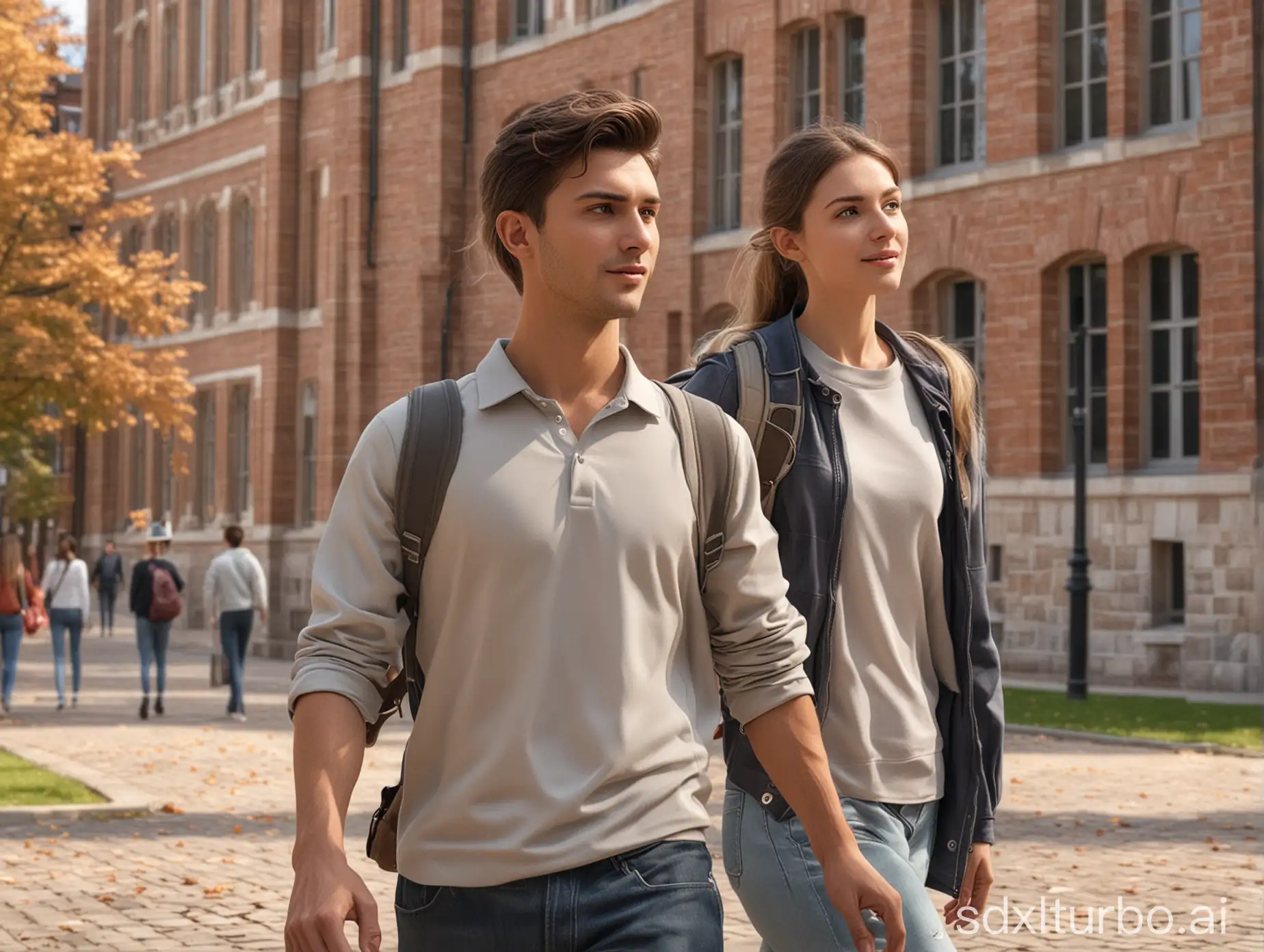 A male is walking in front, with a female behind tapping his shoulder, university campus, 3D image