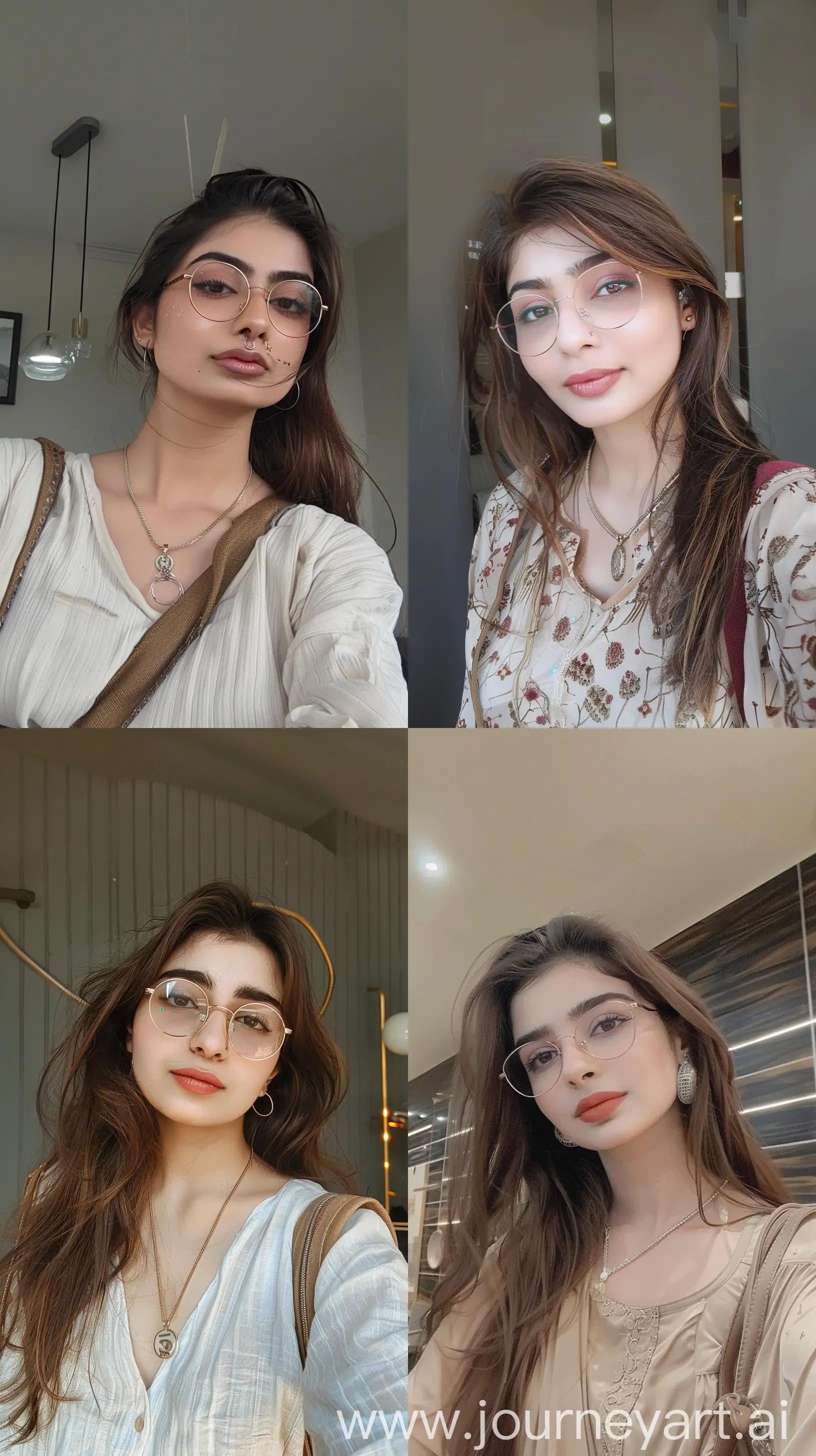 A good looking Pakistani girl, selfie, wearing simple clothes, aesthetic make up, cute, wearing stylish necklace, stylish glasses,stylish shoulder bag, modern wall --ar 9:16