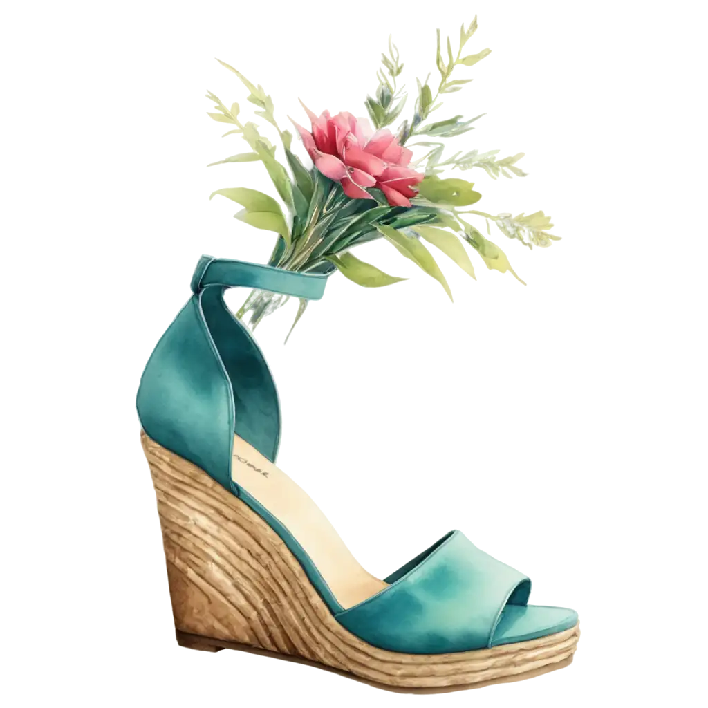 a watercolor-style platform wedge style heels with a flowering plant set as a bouquet in the shoe or on top. the whole image must be in watercolor 