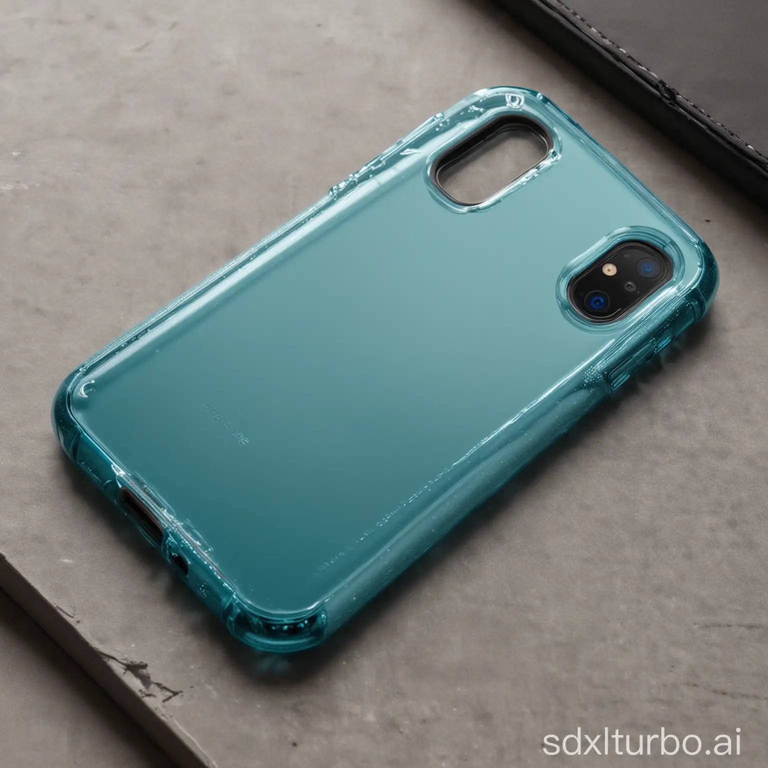 A close-up of a shiny new aqua blue phone case with a sleek design. The case is made of a durable material that will protect the phone from drops and scratches. The case has a raised lip around the edges of the screen to protect it from damage.