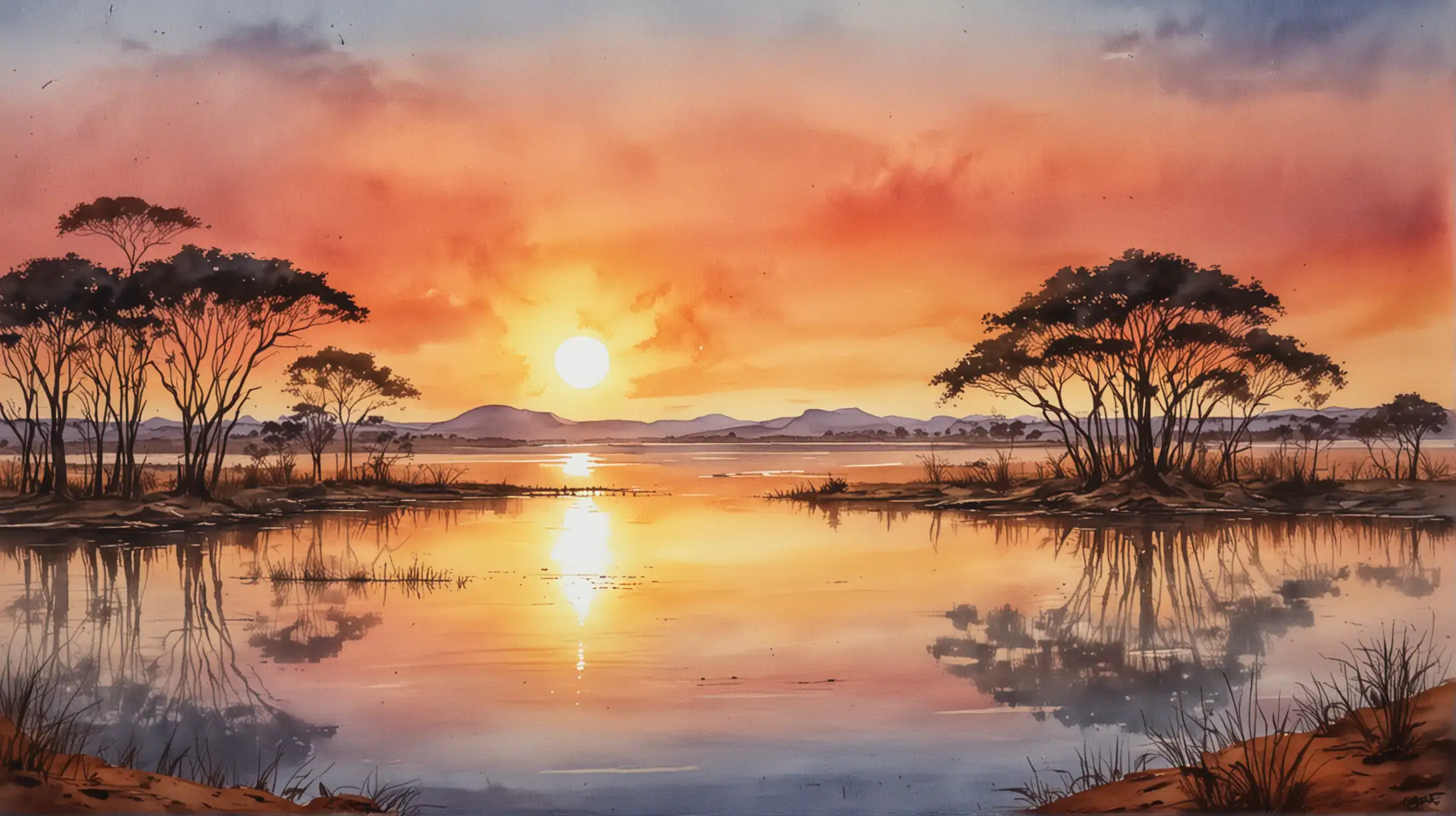 Vibrant African Sunset Reflecting on a Tranquil Lake Watercolor Landscape