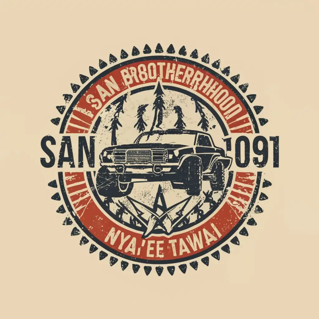 a logo design,with the text "SAN BROTHERHOOD , Masat, Nya'e Tawai", main symbol:OFF-ROAD CAR, VECTORS, SUN, MOUNT, ROCK, RIFLE,Minimalistic,be used in Automotive industry,clear background