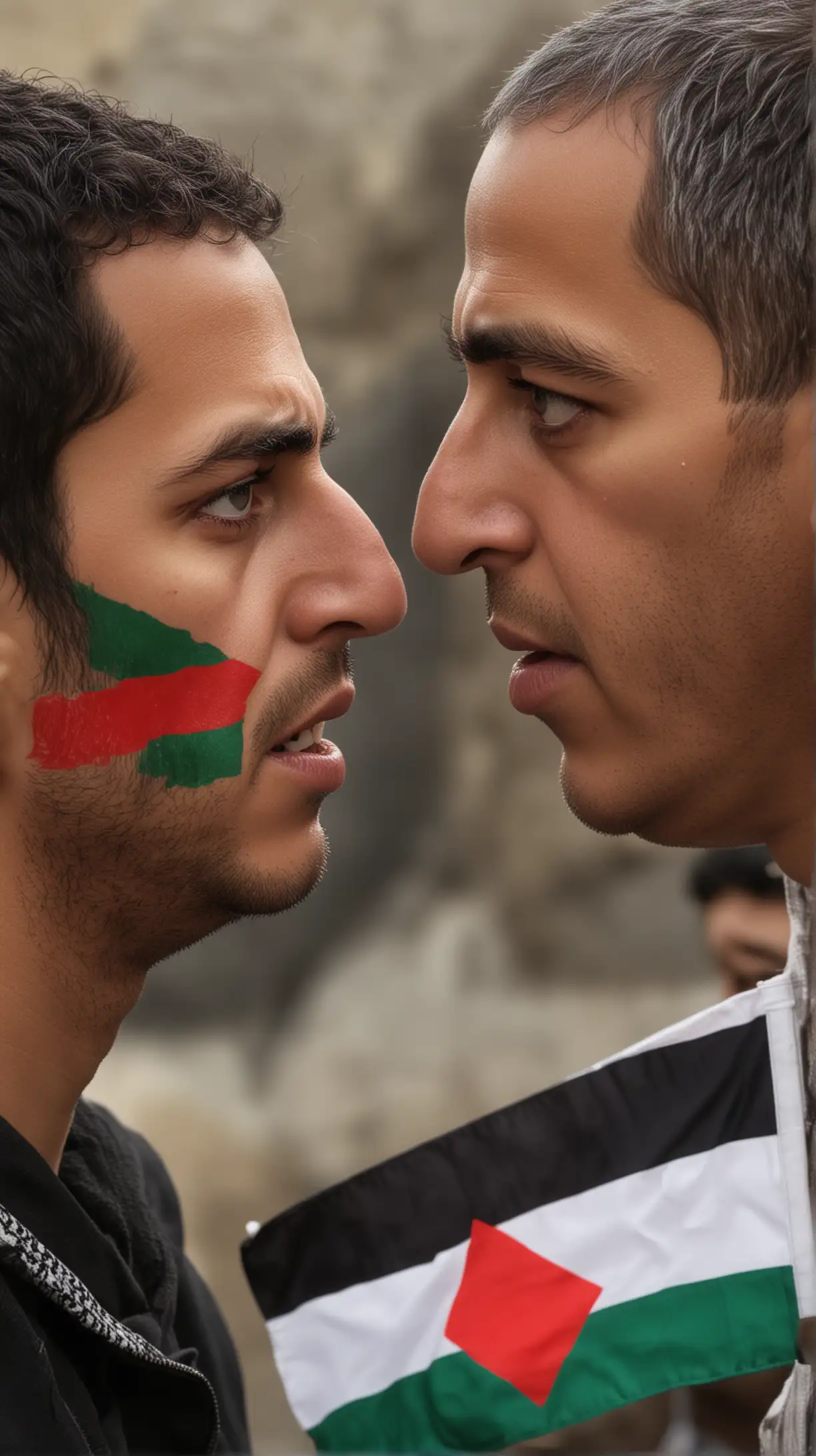 Palestinian and Israeli looking at each other with anger in camera only heads one keeping Palestinian  flag other keep Israeli flag