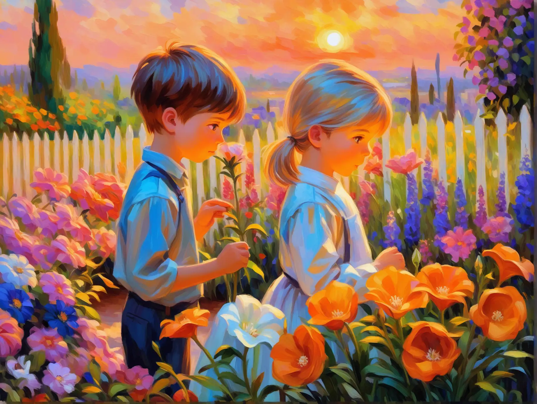 Young boy and girl looking closely at a four-o'clock flower opening in a colorful garden near sunset. In style of impressionist oil painting.