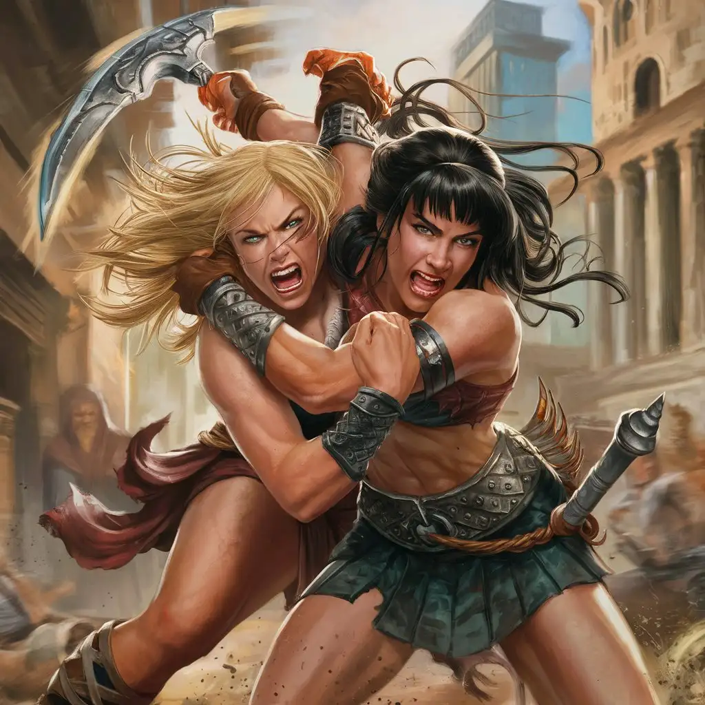 xena wrestles a blonde female villain. angry stares
