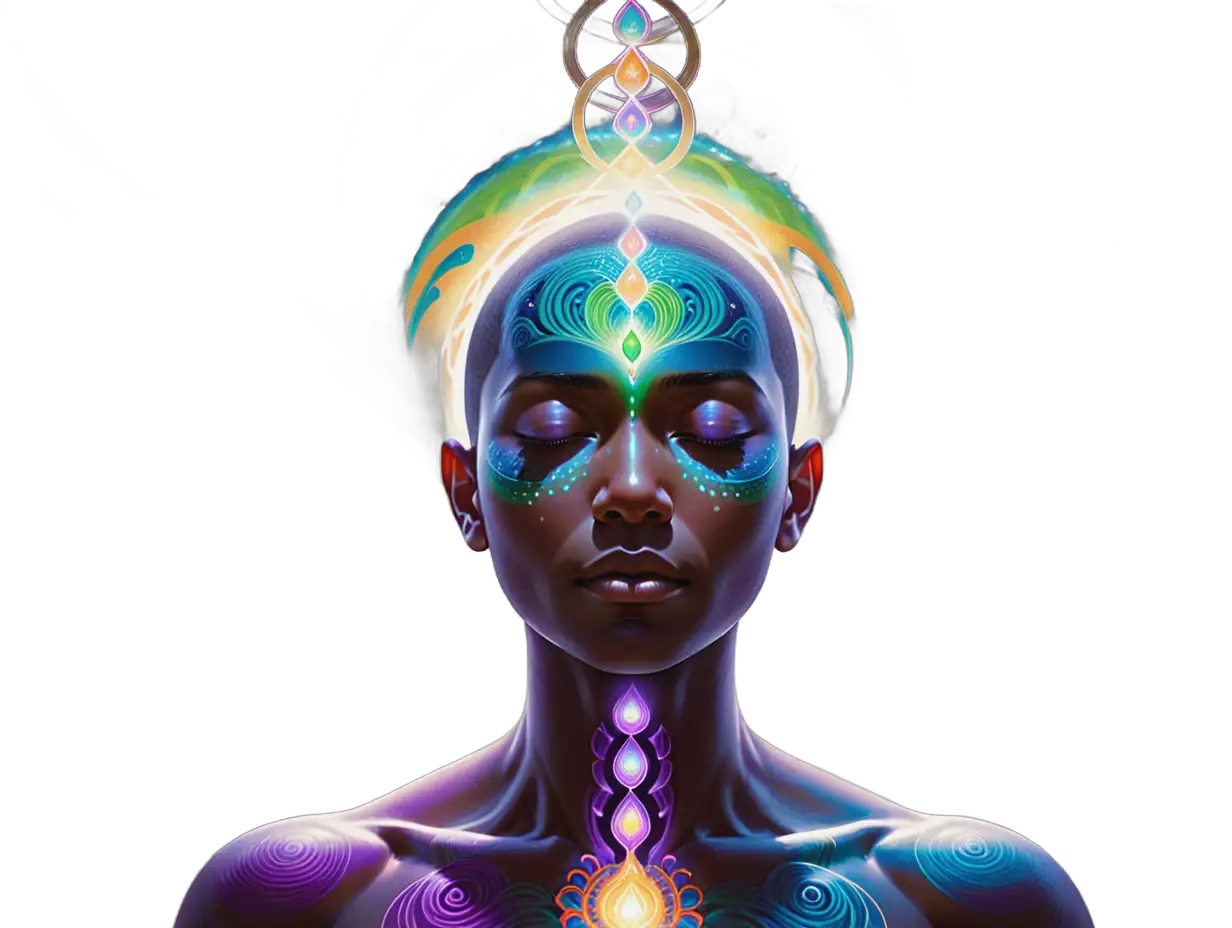 This image illustrates a human figure in a state of deep meditation or spiritual awakening. The individual about 30 years old  
depicted with their eyes closed, head slightly tilted back, and surrounded by an aura of vibrant, colorful energy. The energy appears to emanate from the figure's chest, extending upwards and outwards in intricate, luminous patterns. The colors used, including blues, purples, and greens, enhance the mystical and transcendental atmosphere of the image. The overall composition suggests themes of enlightenment, inner peace, and connection to higher consciousness.