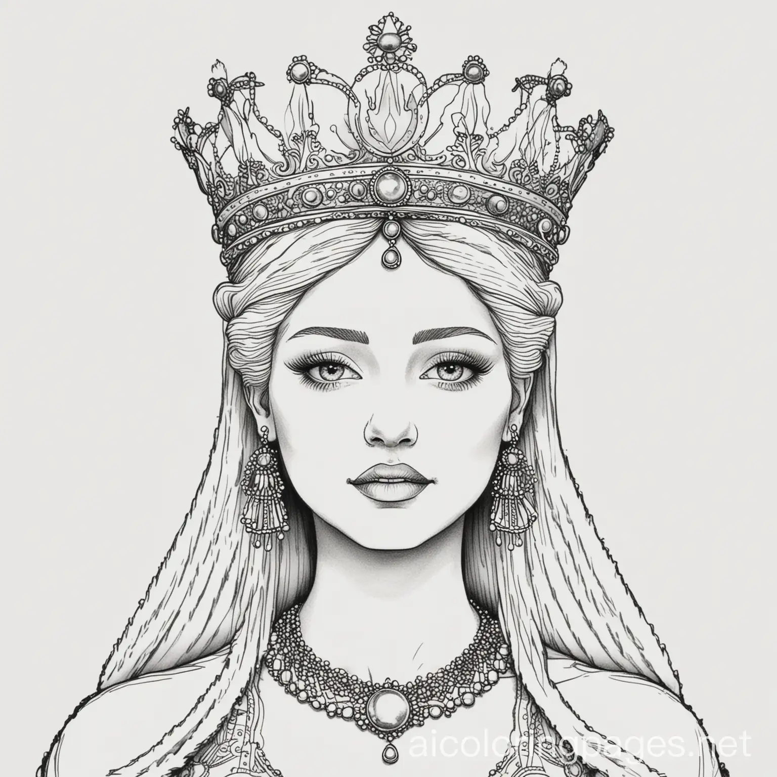 queen, Coloring Page, black and white, line art, white background, Simplicity, Ample White Space. The background of the coloring page is plain white to make it easy for young children to color within the lines. The outlines of all the subjects are easy to distinguish, making it simple for kids to color without too much difficulty