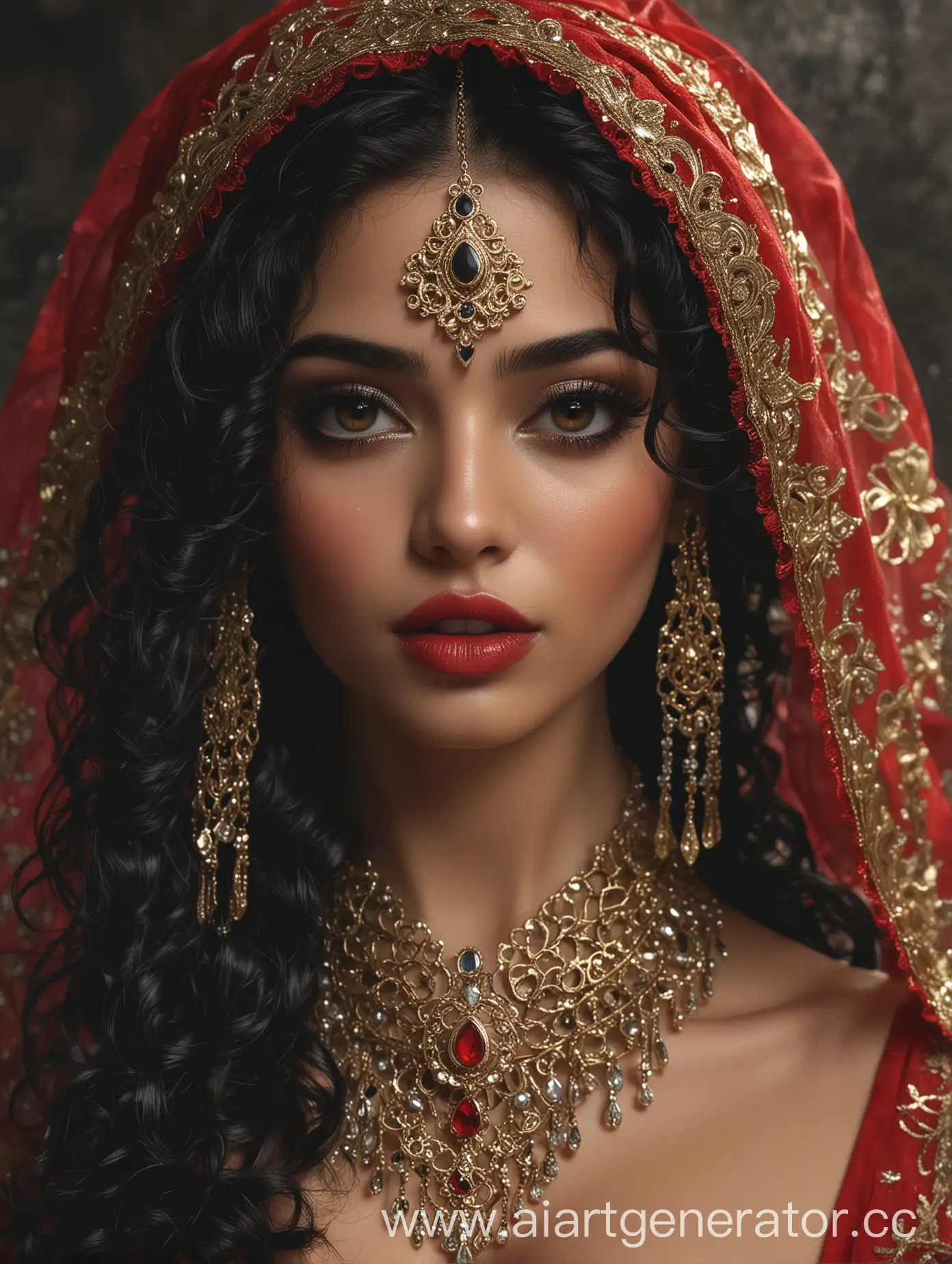 Seductive Arab girl, expressive gray eyes, very long eyelashes,black long curls,shiny lips,burga,teak,oriental jewelry,gold leaf,long mask chain, mesh,diamonds,high resolution,high detail,beautiful,aesthetically pleasing.in the style of Dolce&Gabbana. aesthetics of people,hyperdetalization of face and body,fog,hyperesthetic,hyperrealistic,professional photo,8k, f/16 1/100s,close-up, red silk, organza