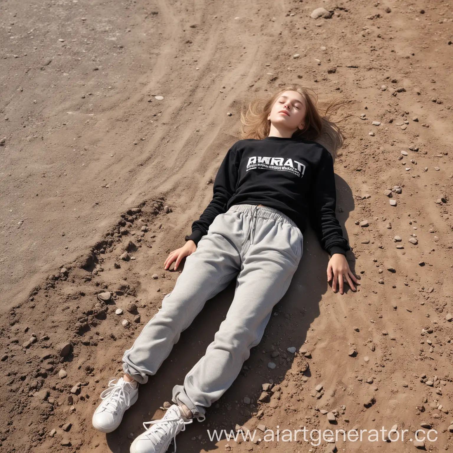 Girl-in-Black-Sweatshirt-Lying-on-Dusty-Road