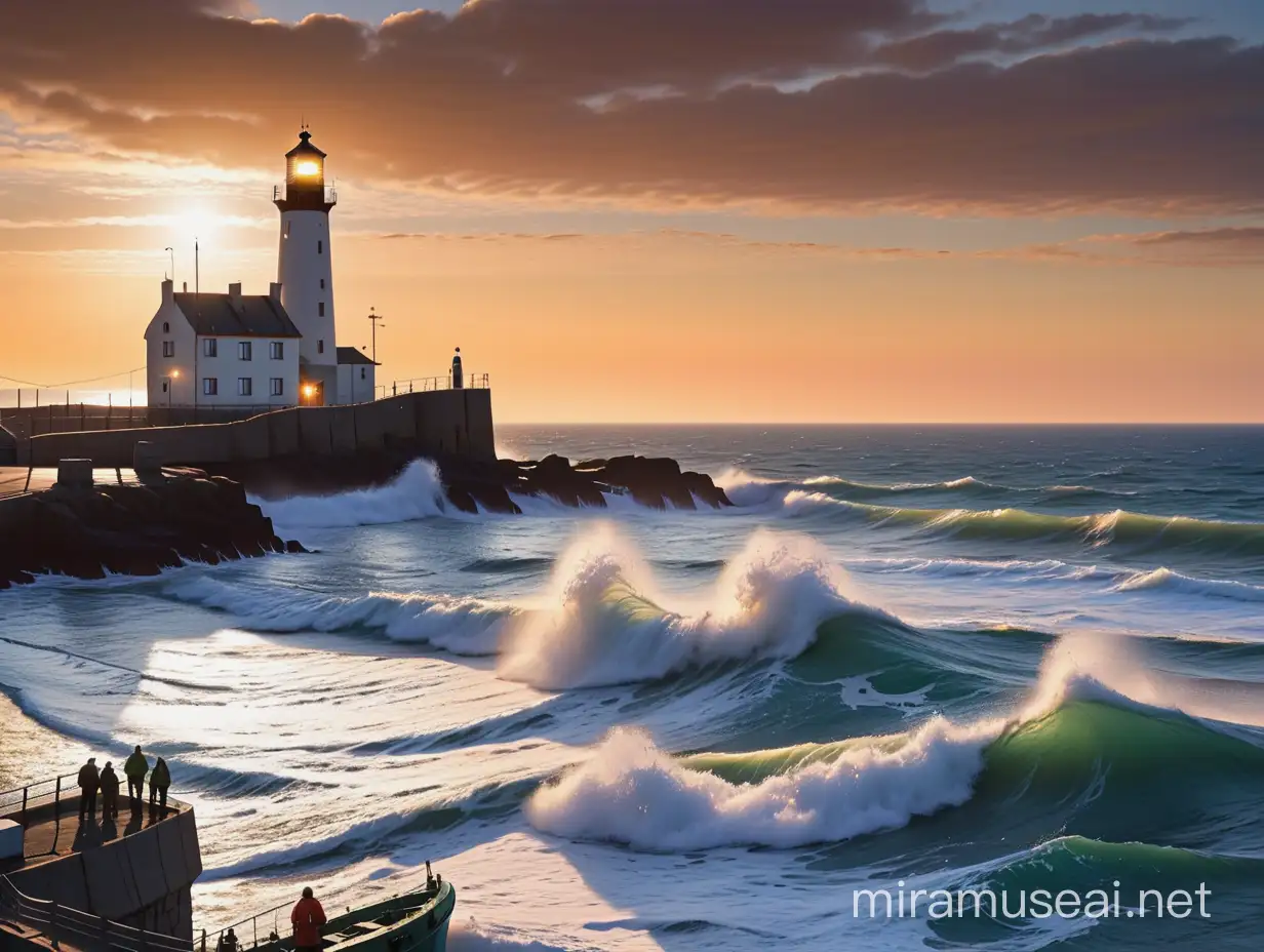 Mariner fisherman, trawler, Pointe Saint-Mathieu, lighthouse, waves, sunset, port