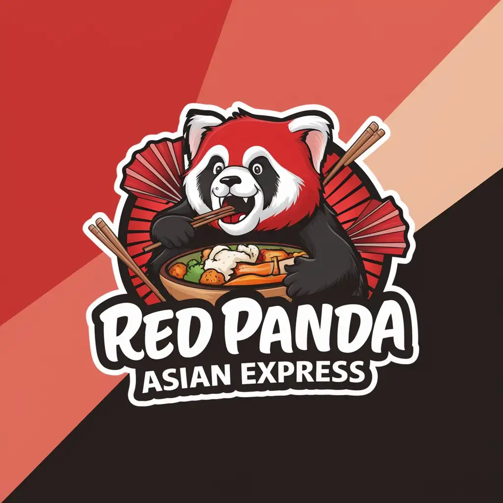 a logo design,with the text "Red Panda Asian Express", main symbol:The logo should include a funny red panda eating something., and red fan illustrations and red chopsticks. Preferred soft red and black,Moderate,clear background