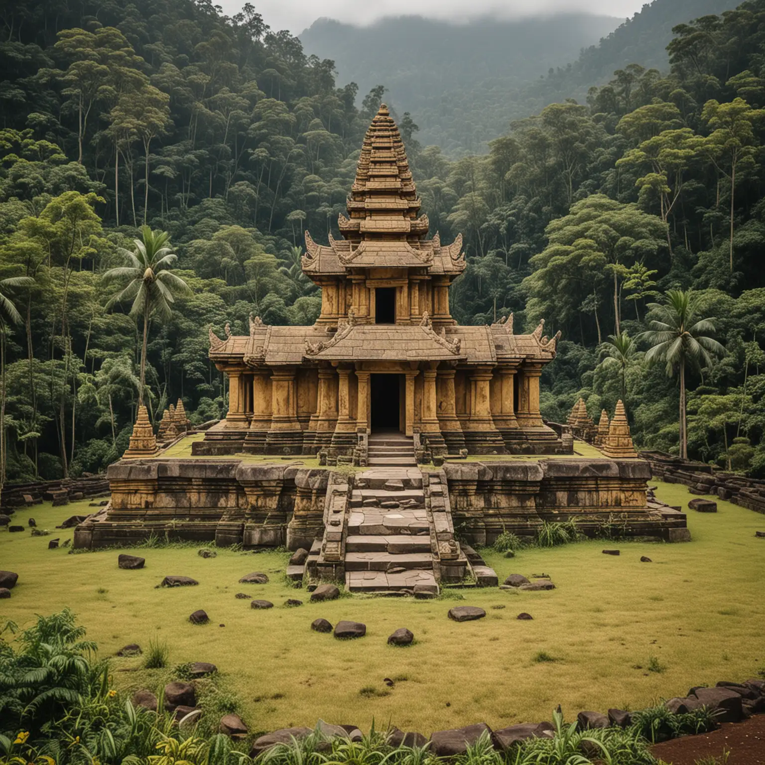 a view of a very large ancient Indonesian yellow stone temple in the middle of the forest at the foot of a mountain, front view