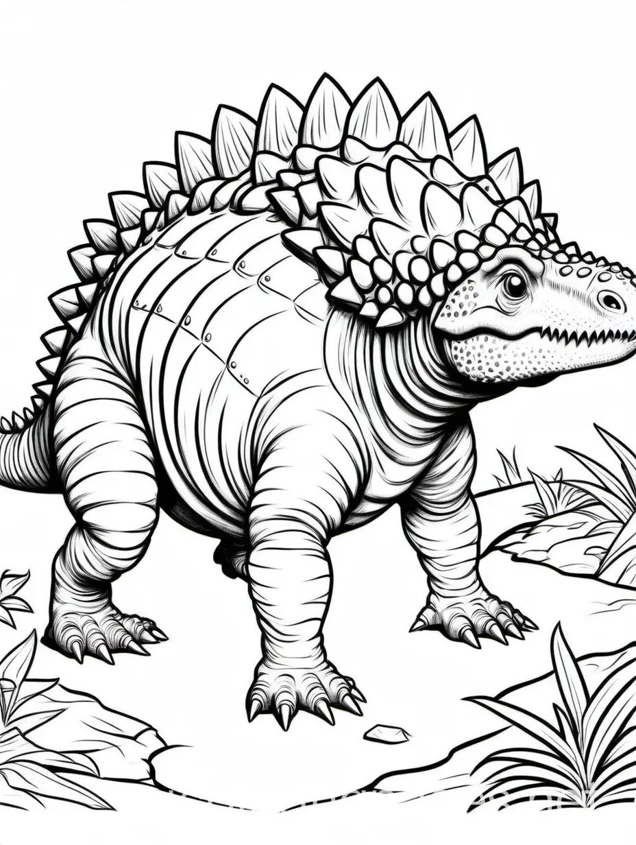 ankylosaurus, Coloring Page, black and white, line art, white background, Simplicity, Ample White Space. The background of the coloring page is plain white to make it easy for young children to color within the lines. The outlines of all the subjects are easy to distinguish, making it simple for kids to color without too much difficulty