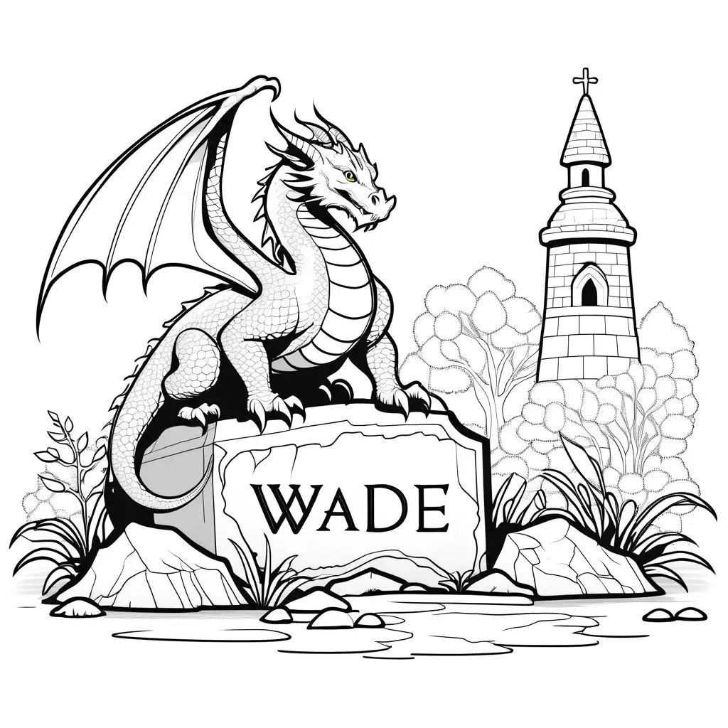 dragon watching guard over a fresh grave and tomb stone that says wade , Coloring Page, black and white, line art, white background, Simplicity, Ample White Space. The background of the coloring page is plain white to make it easy for young children to color within the lines. The outlines of all the subjects are easy to distinguish, making it simple for kids to color without too much difficulty