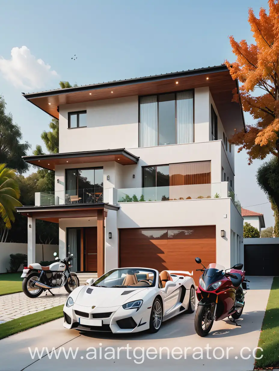Красивый дом рядом с ним стоит машина и мотоцикл 