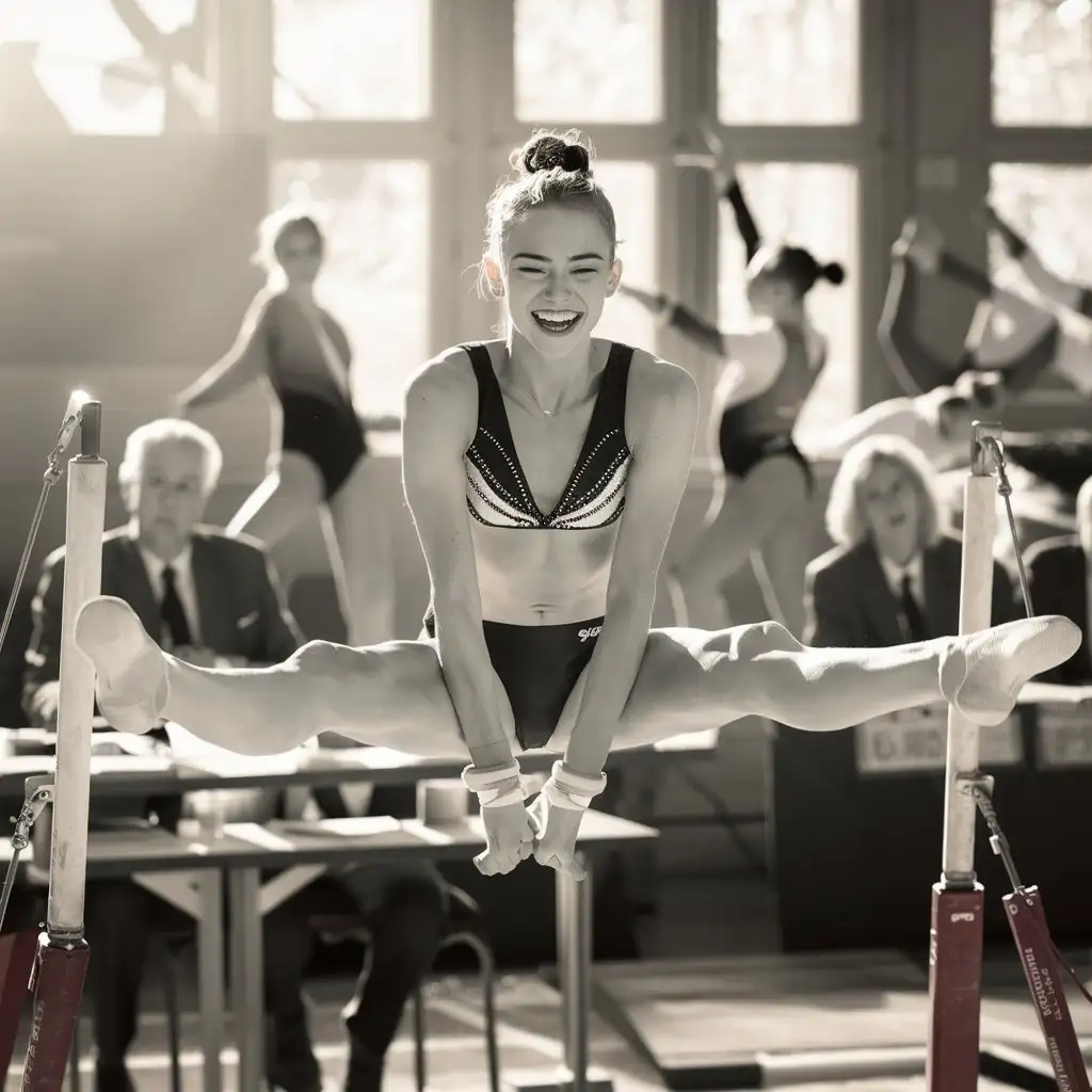 Joyful Young Woman Doing Gymnastics on Uneven Bars in Bikini and Sports Shoes