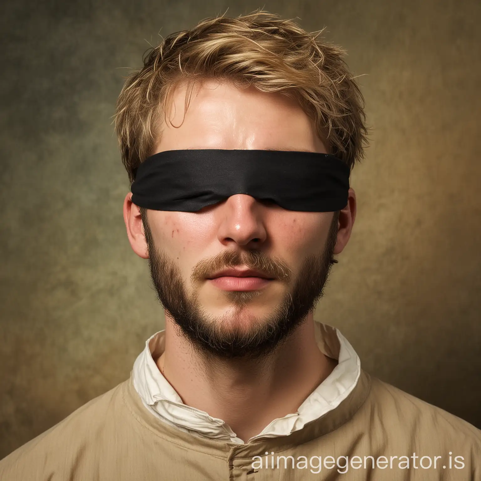 A young priest around 30 years old, blond with a scruffy beard or stubble. He wears a blindfold over his eyes as he is blind, and this blindfold should fit snugly against his face and completely cover his eyes without any openings or crooked lines. His face has old burn scars on the left side of it.
