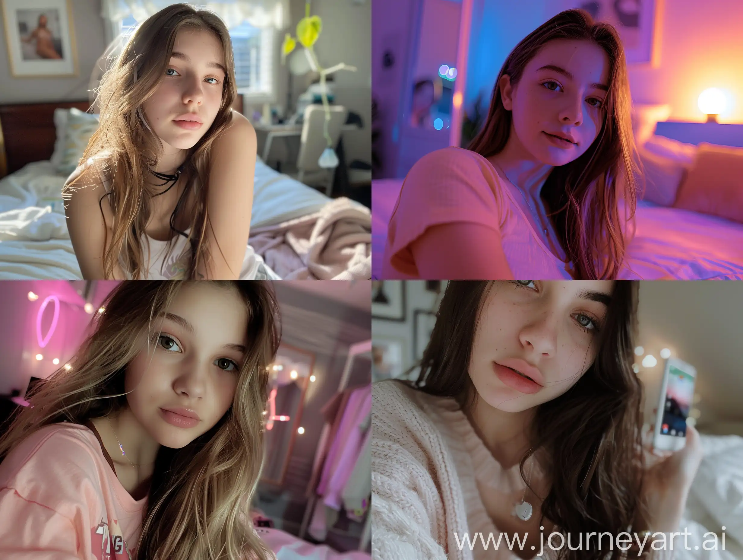 Photo taken on iPhone, teenage girl influencer, Tiktok star, in bedroom, realistic lighting, close up, selfie, girly