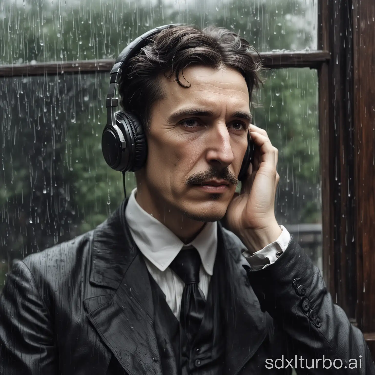 Nikola Tesla sad wearing headphones while it rains in window
