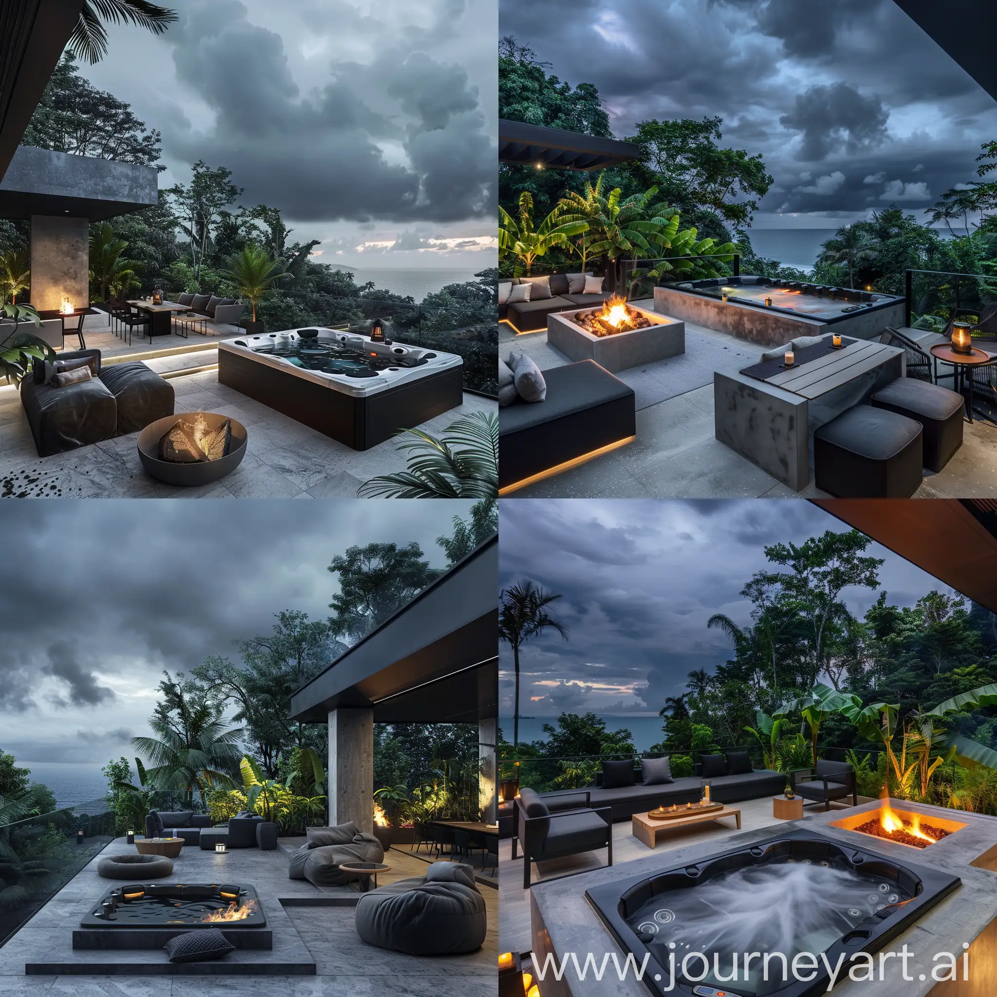modern terrace with black, gray and concrete colors and a jacuzzi with a complete arrangement of furniture, decorated and soft lighting, a fire pit and a table.
In lush tropical forest with broad-leaved trees and sea, heavy cloudy sky at night, real photo.