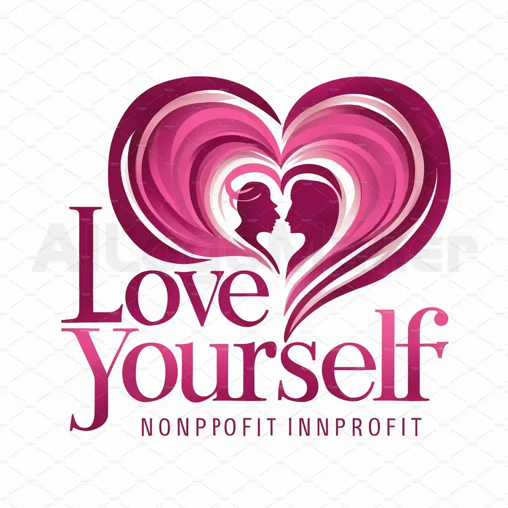 a logo design,with the text "love yourself", main symbol:color with pink as the main, showing a beautiful picture, heart-shaped, with a silhouette of a man and a woman in the middle,complex,be used in Nonprofit industry,clear background