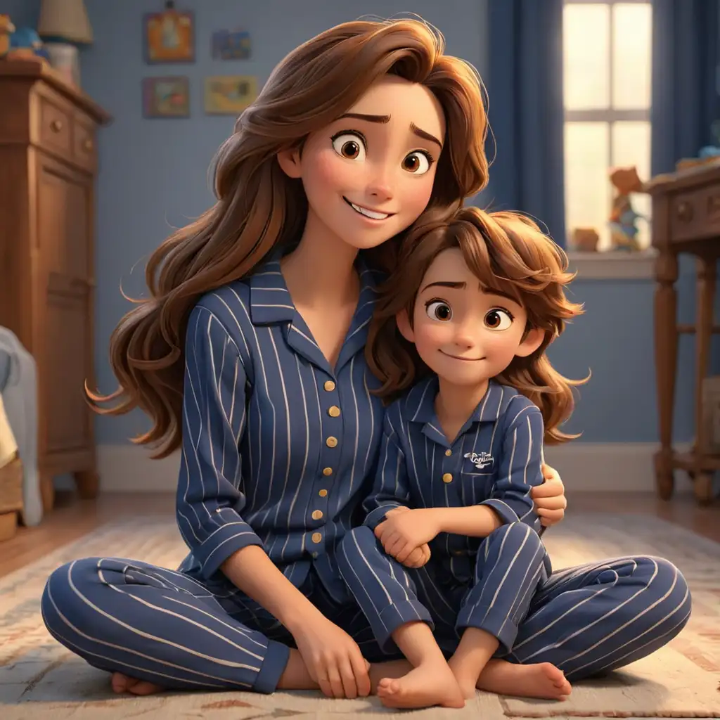 Disney pixar theme, 3d animation, beautiful mom, long brown hair, brown eyes, happily sitting on the floor with son, brown hair,  wearing navy blue stripe pajamas