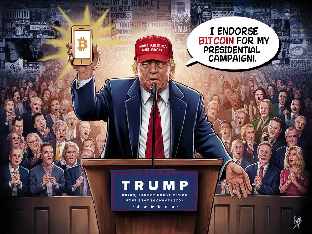 Creat a dramatic image of Donald Trump endorsing bitcoin for his presidential campaign
