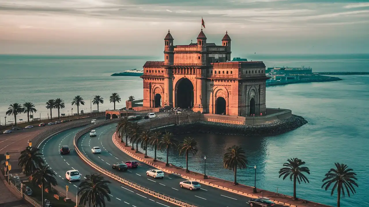 Drone view, Gateway of India in middle of cyan sea with curved zigzag road to it from Mumbai, palm trees on each side of road, cars on road, Show Mumbai, sunset, subtle colours, 4k