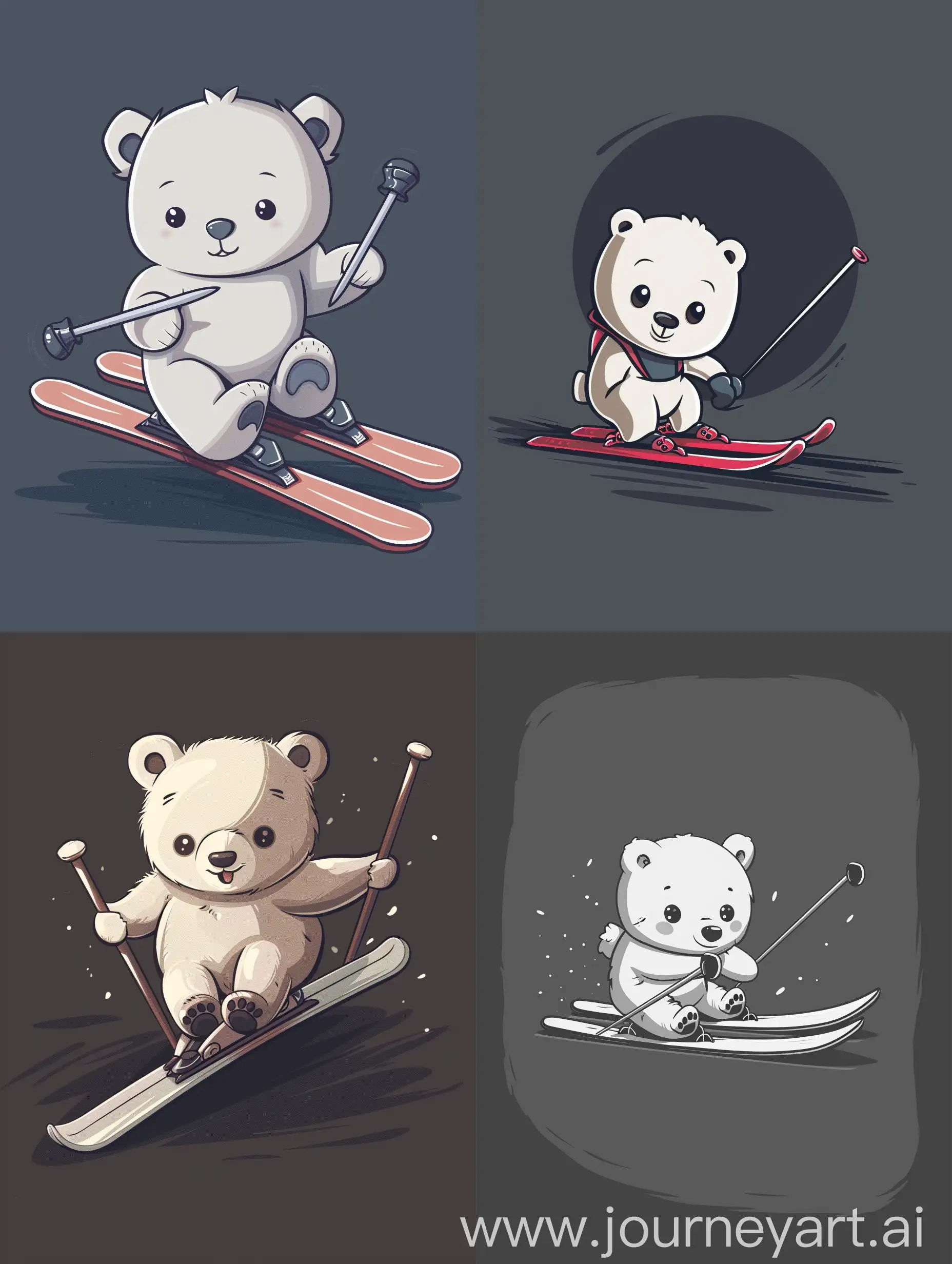thin line style chibi cute white bear playing ski, with solid dark grey background, small object and center concentrated image, far view point
