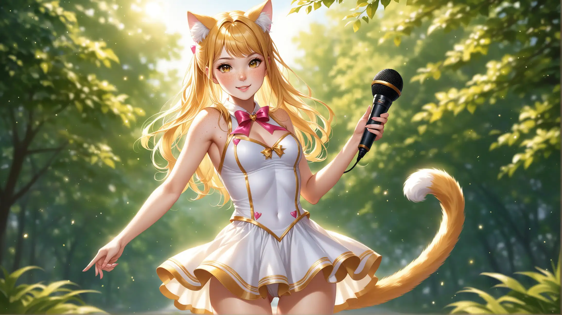 Draw a woman, long blonde hair in a bun, gold eyes, freckles, perky body, high quality, realistic, long shot, full body, outdoors, natural lighting, white magical girl outfit, holding a microphone, cat ears and cat tail, seductive pose, smiling toward the viewer