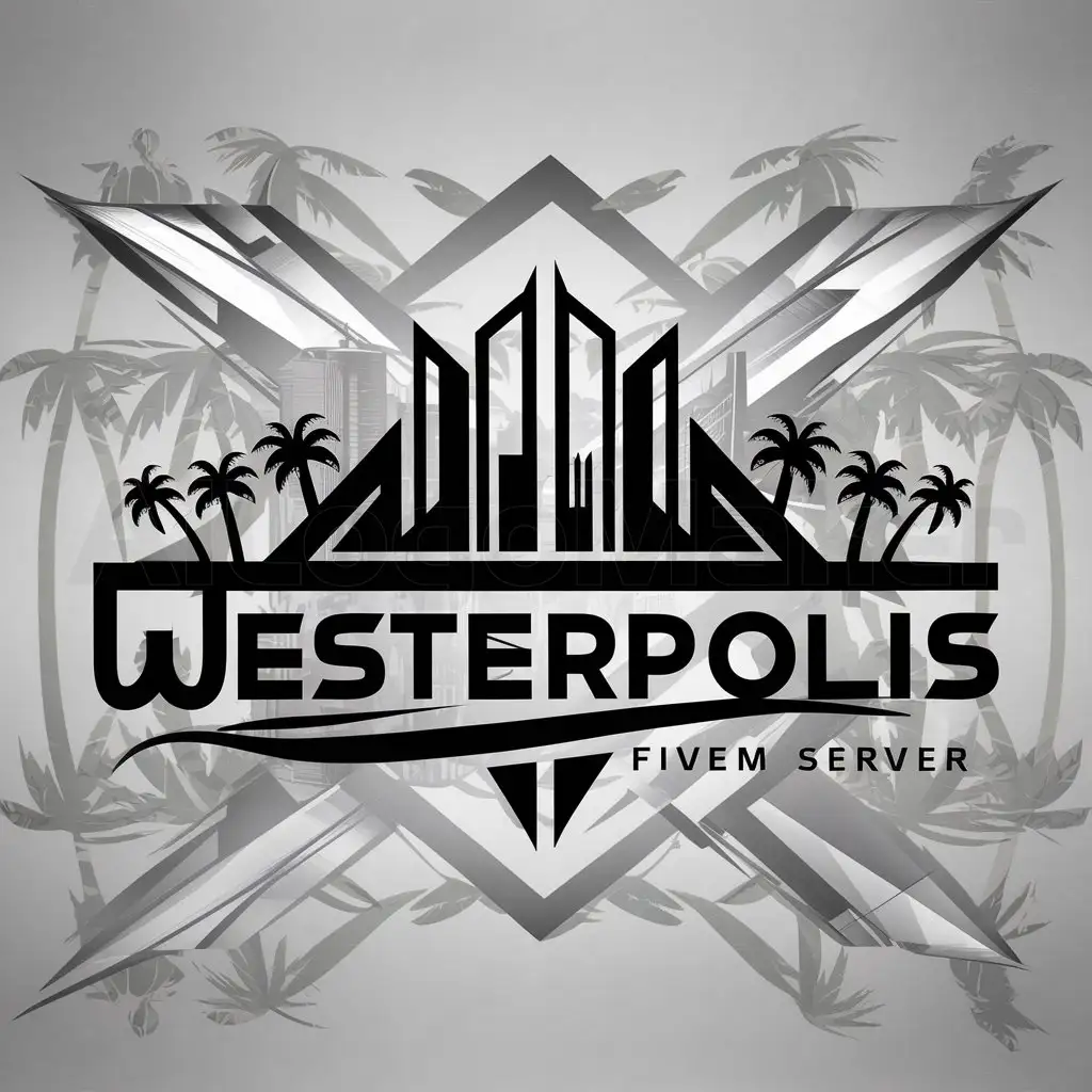 a logo design,with the text "Westerpolis", main symbol:Create a Logo for Fivem Server with city skyline and a buildings in the middle with palm trees on the side and it needs to be like you're in the future,complex,be used in Travel industry,clear background